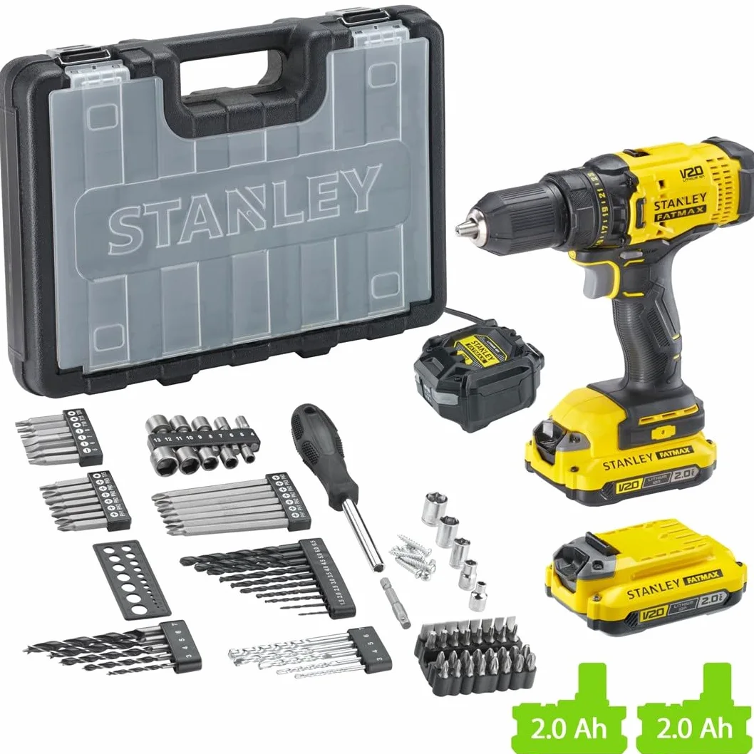 Stanley FatMax V20 Trapano Avvitatore 18V con 2 Batterie Litio 2Ah Con 100 Accessori SFMCD700D2A-QW