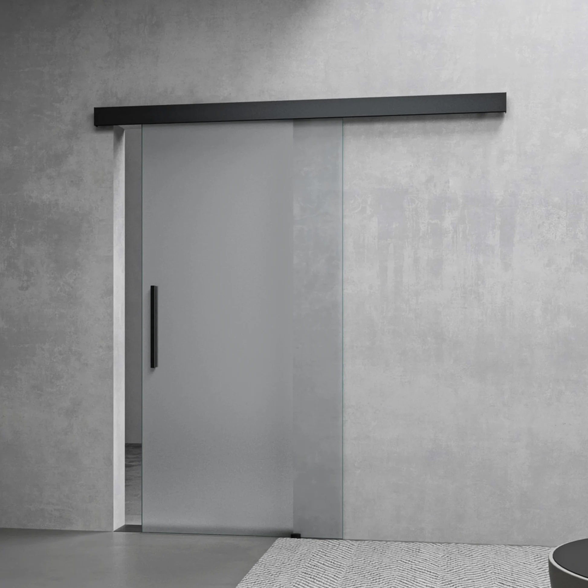 Mai & Mai Porta Scorrevole in Vetro 102.5x215cm, Porta Scorrevole in Vetro Satinato 8mm con Binario e Maniglia Per Asta, Distanza dal Muro 25mm, Nero, Amalfi-plus 14H