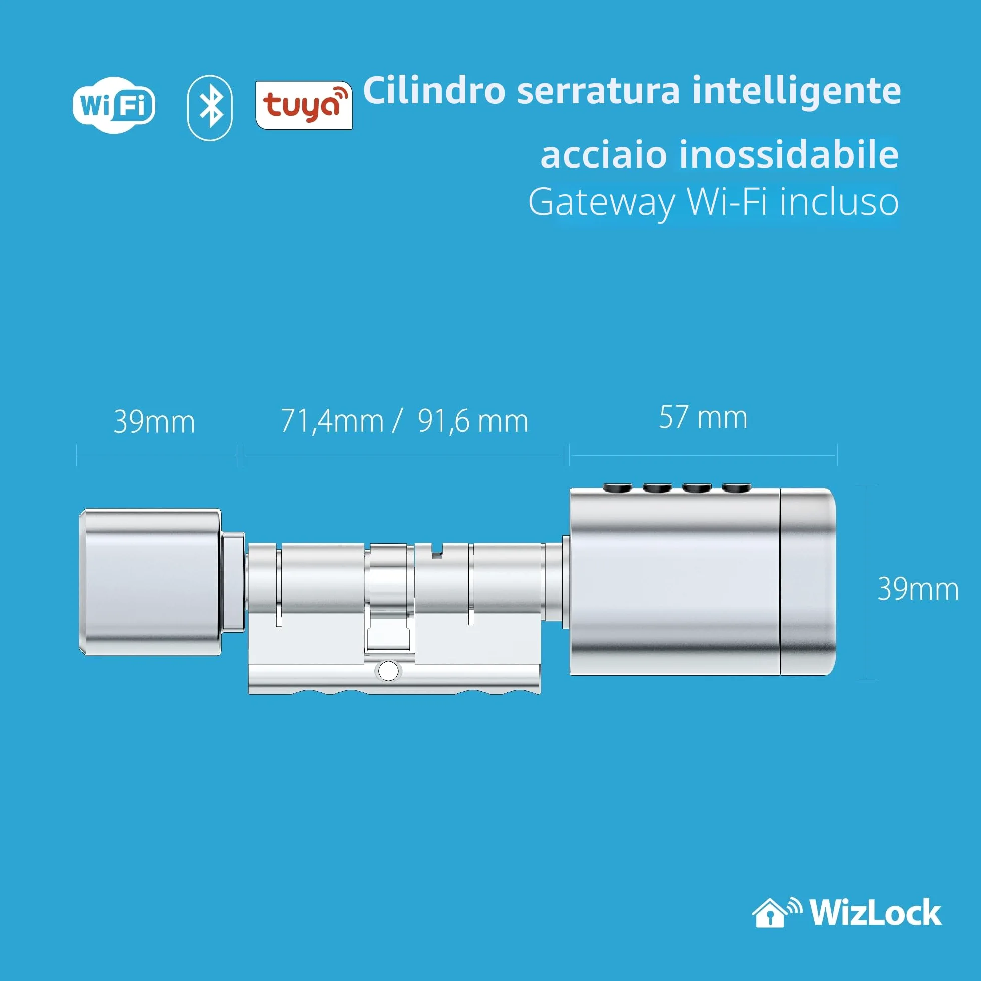 WizElek – Cilindro serratura smart Tuya Bluetooth, gateway Bluetooth/Wi-Fi incluso, lega di alluminio effetto inox argento – Accesso: codice, badge RFID (4), impronta, app, chiave (2)