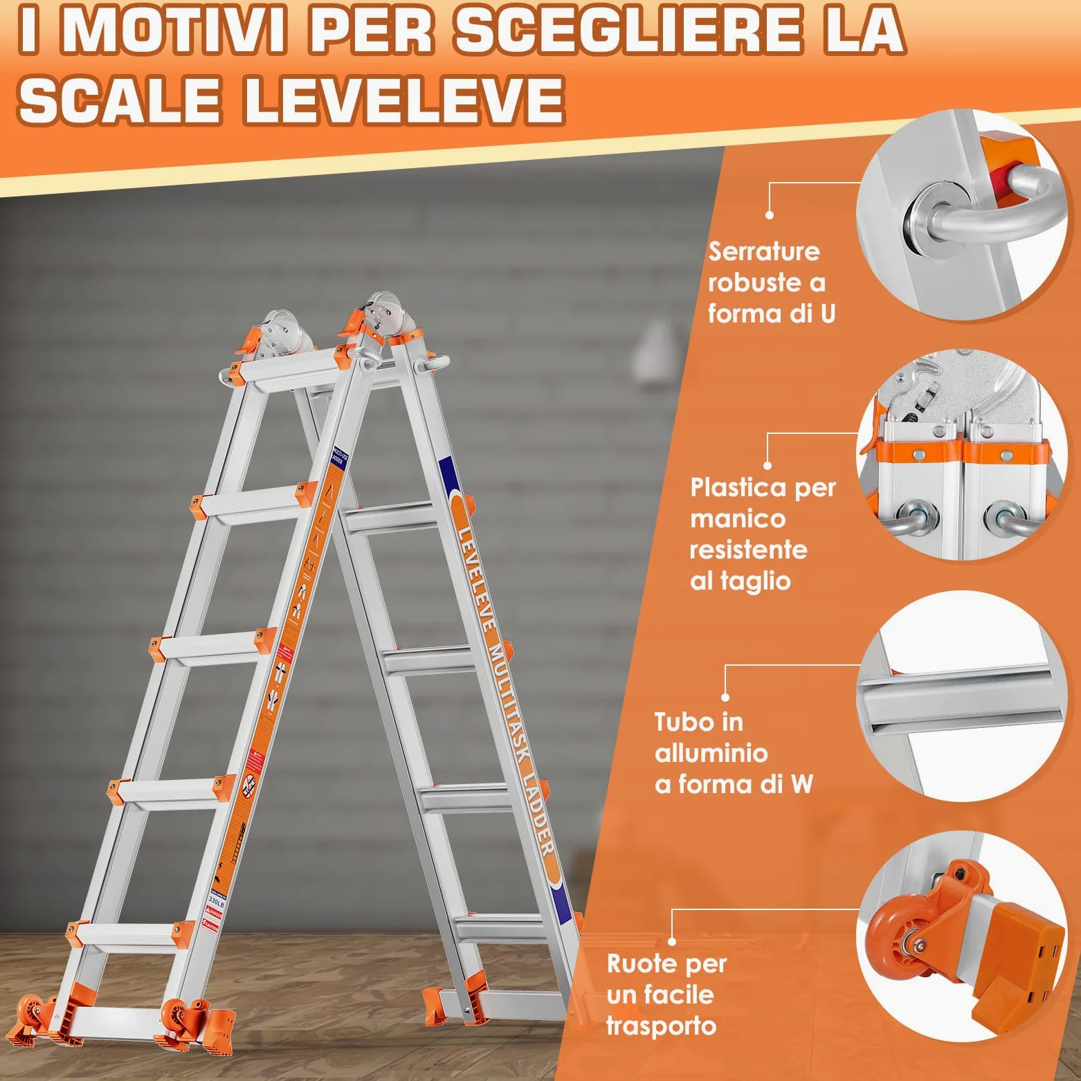 Scala Multiuso a 5 Livelli: Scala a 5 Livelli e Scala Allungabile da 17 Piedi (5,18 m) con Stabilizzatore e Ruote, Portata 150 kg, Sicuro per Scale, per Interni, Esterni e Tetto, in Lega di Alluminio