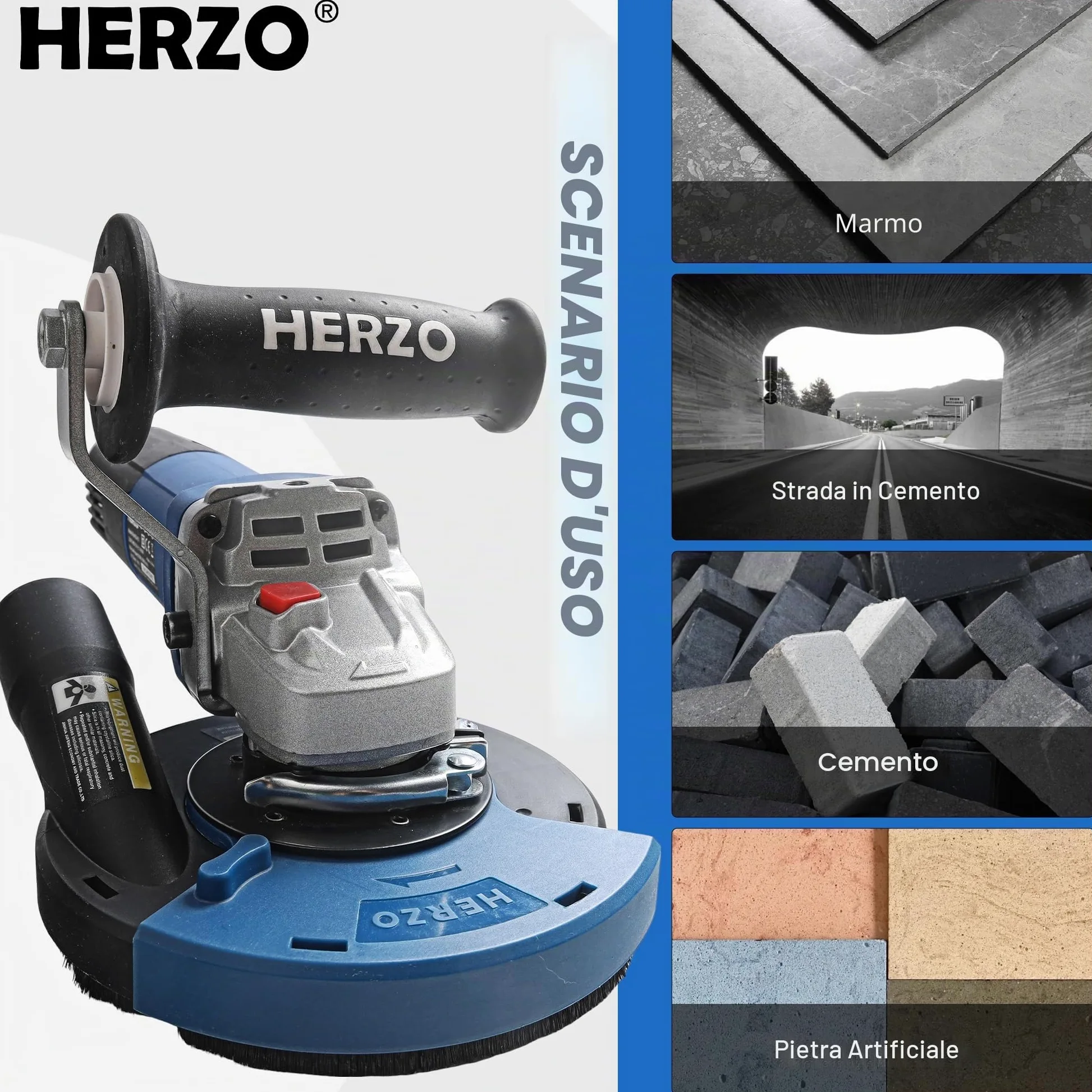 Smerigliatrice per calcestruzzo1400W,HERZO set con mola diamantata e cappa di aspirazione (125 mm)