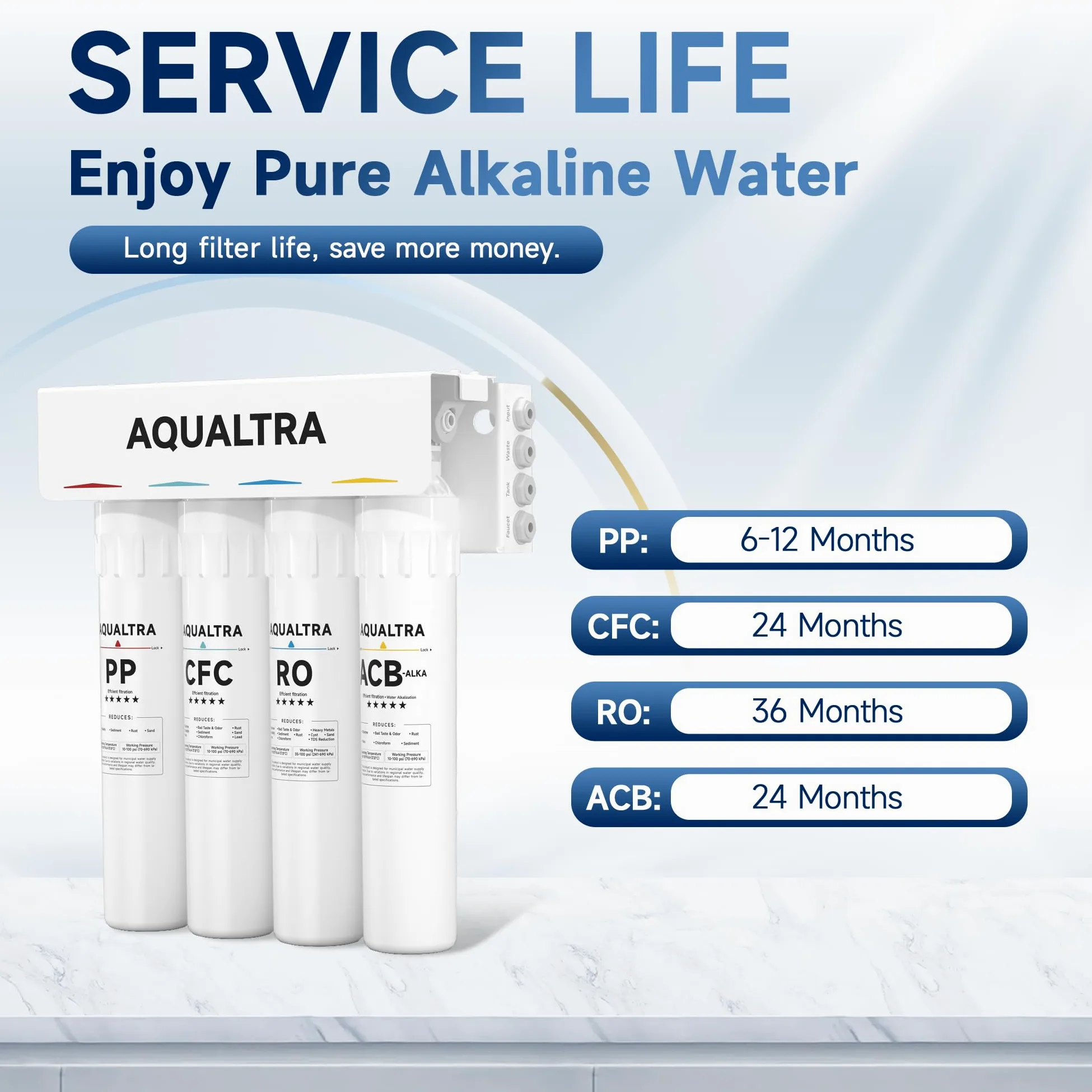 AQUALTRA USF-4RF-100 Depuratore Acqua Osmosi Inversa Sottolavello Alcalino pH+, Sistema di Filtrazione 0,0001μm, 100 GPD, Rapporto Acqua Pura/Scarto 3:1, con Rubinetto e Serbatoio Integrato