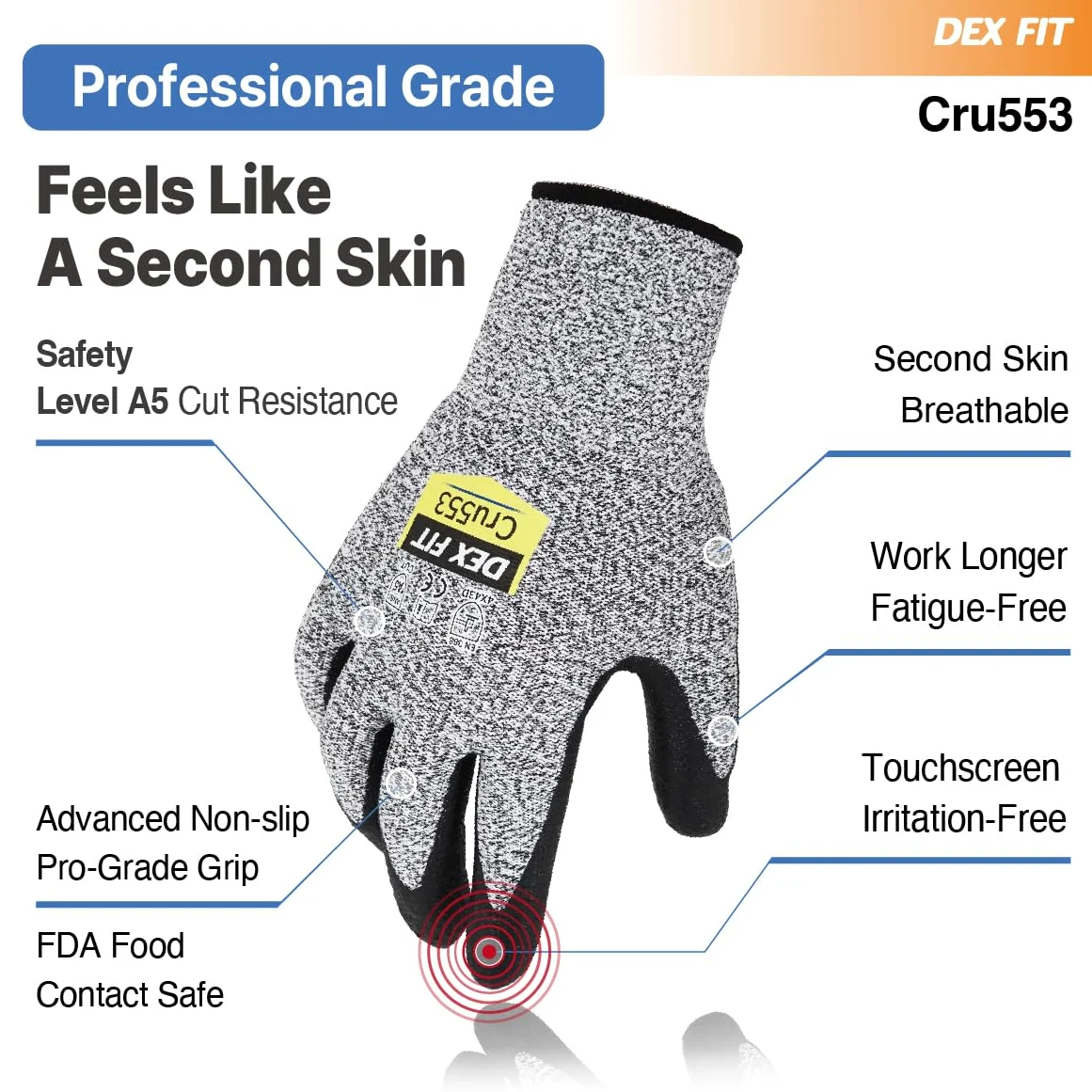 DEX FIT Guanti antitaglio Cru553 Livello 5, presa sicura Power Grip, vestibilità comfort 3D professionale, sottili & leggeri, traspiranti, compatibili touchscreen; Nero Grigio 10 (XL) 12 Paia