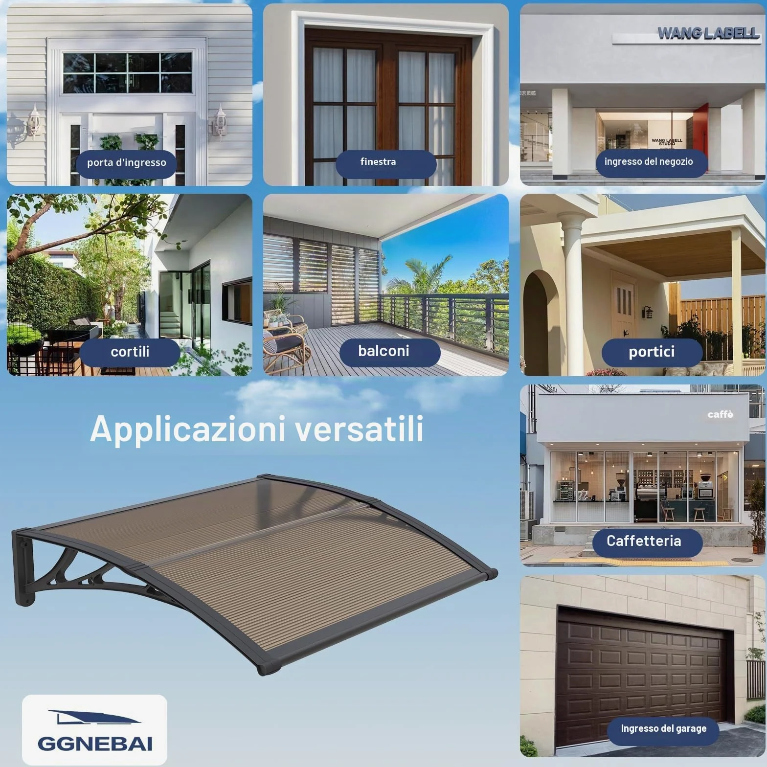 Pensilina Tettoia per Porta Balcone Esterno 200x100 cm in Policarbonato,Baldacchino Tetto per Finestra e Veranda, con Protezione UV, Antipioggia e Antineve