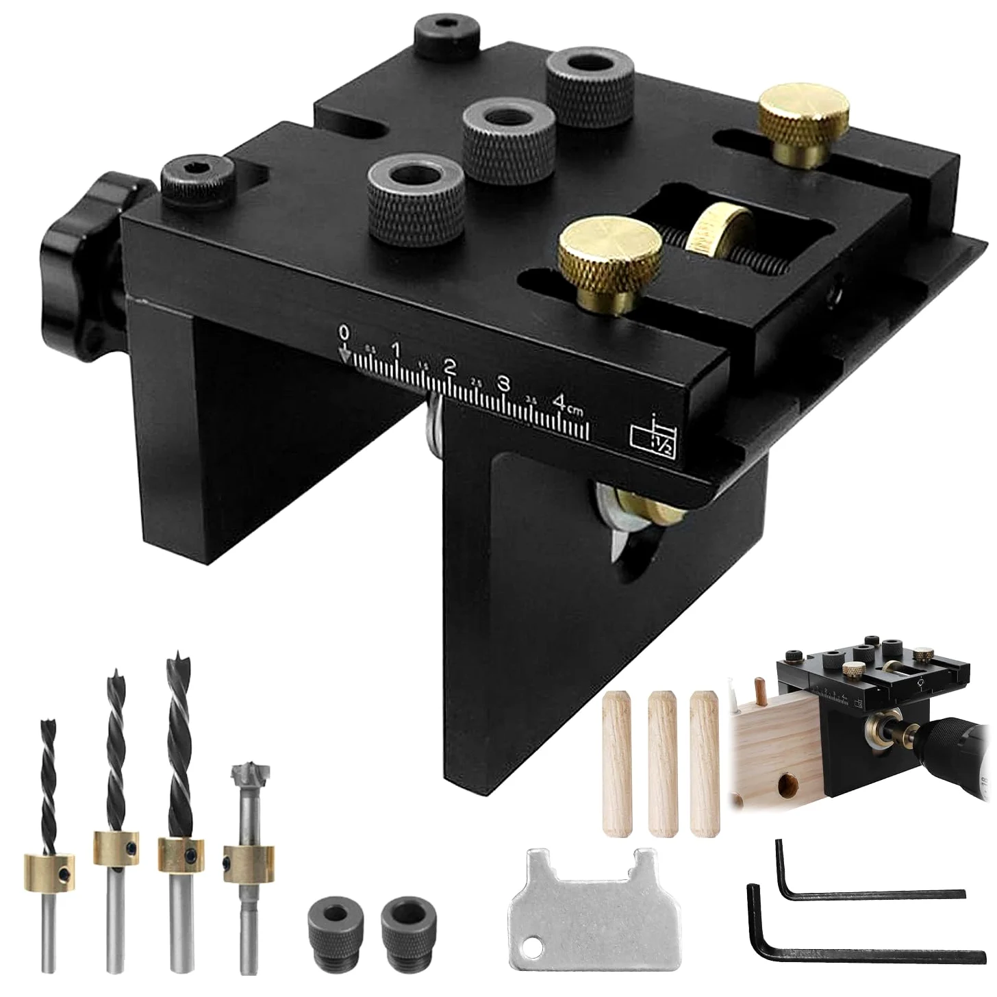 3 in 1 Dima per Spinatura Legno set, Foratura Precisa di Tasselli Legno 6/8/10/15 mm, Modulo Rimovibile, Strumento Ausiliario Tasselli con Clip Posizionamento, Strumento Ausiliario Foratura (nero)