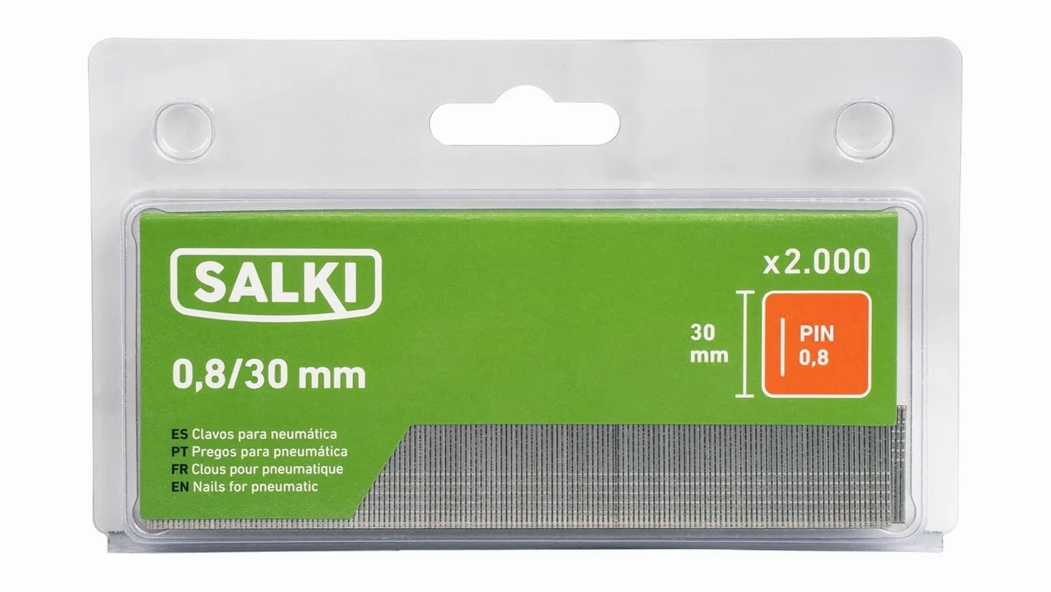 SALKI Chiodatrice ad aria compressa CSK PB08 + 2.000 pin 0,8 x 30 mm + 2.000 chiodi brad 0,8 x 30 mm | pistola per unghie ad aria compressa | morsetto per falegnameria e lavorazione del legno