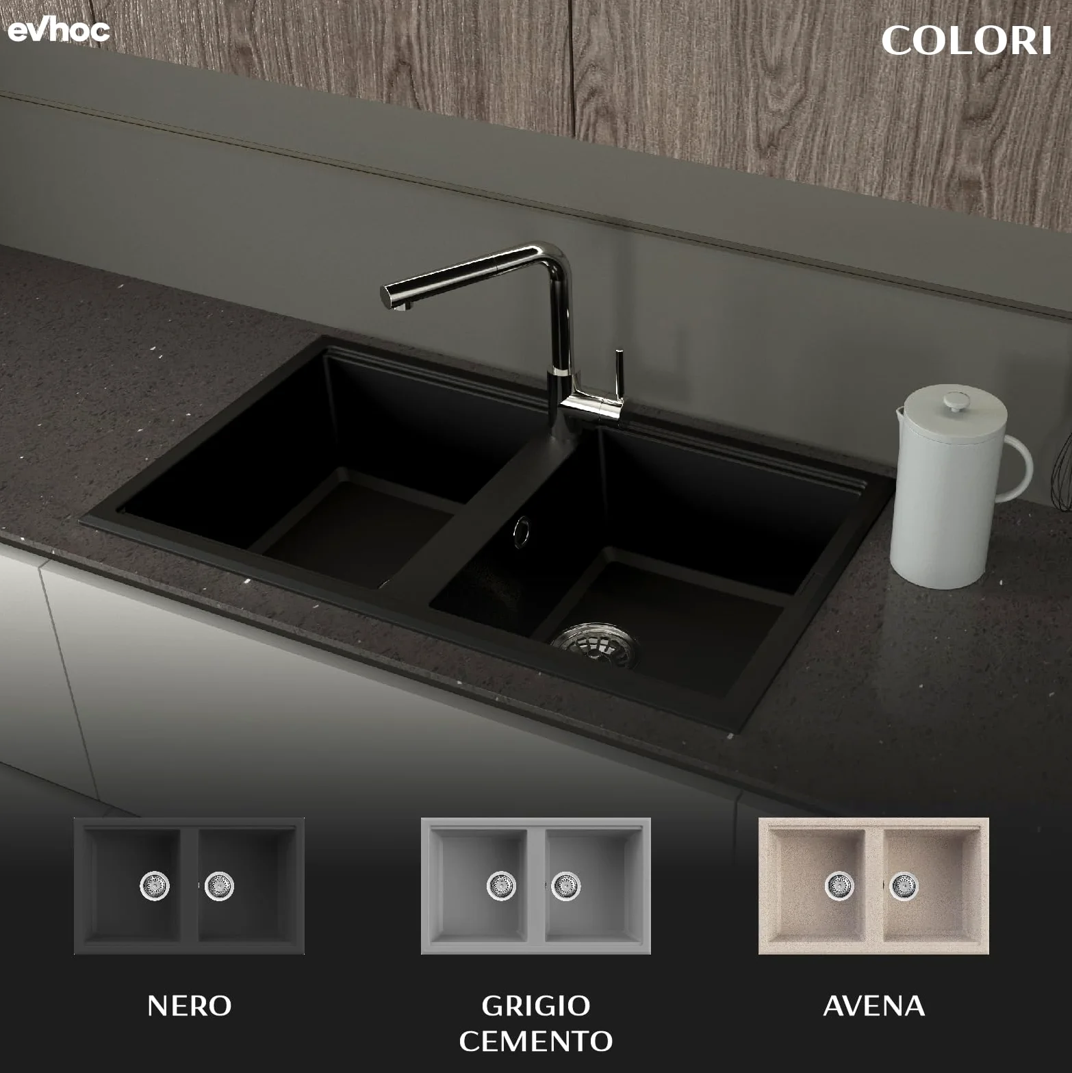 Evhoc Lavello Cucina Sopratop 86x51 cm, 2 Vasche, Lavandino Doppia Vasca in Kuarzite, Piletta Inclusa, Made in Italy, Nero, ADHOC M