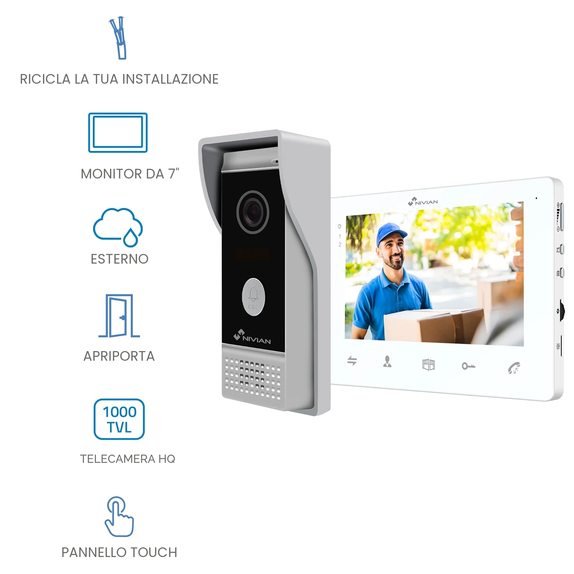 NIVIAN Videocitofono 2 Fili Analogico con Monitor 7" HQ Schermo Interno con Audio Bidirezionale | Piastra Esterna IP65 Antivandalica con Visione Notturna, Apriporte Elettrico. Smart Security