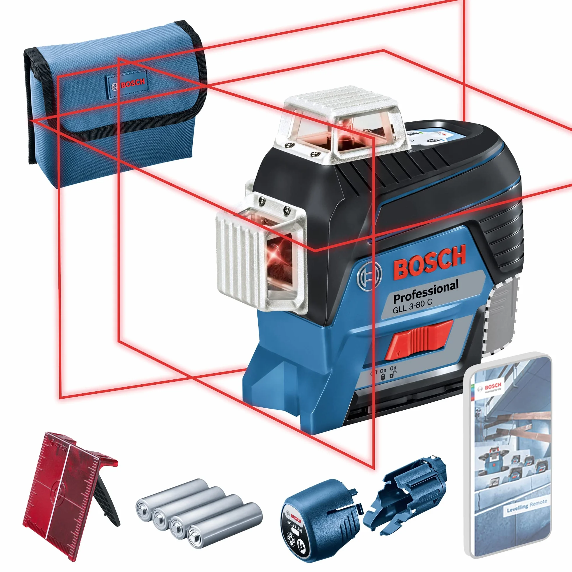 Bosch Professional GLL 3-80 C Livella Laser Rosso, con App, Raggio d’Azione Fino a 30 m, 4 Pile AA, 12 V, Set di 2 Pezzi
