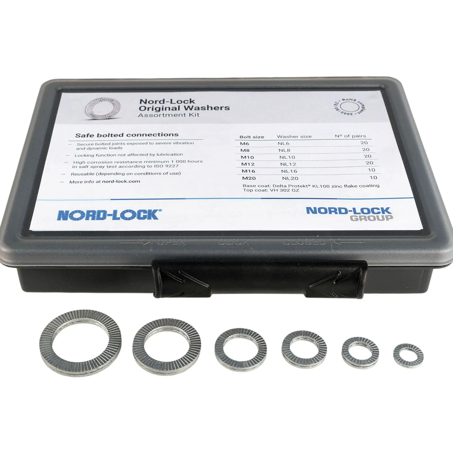 100 paia di dischi di sicurezza originali Nord-Lock in acciaio nella scatola assortimento | Dimensioni M6, M8, M10, M12, M16, M20