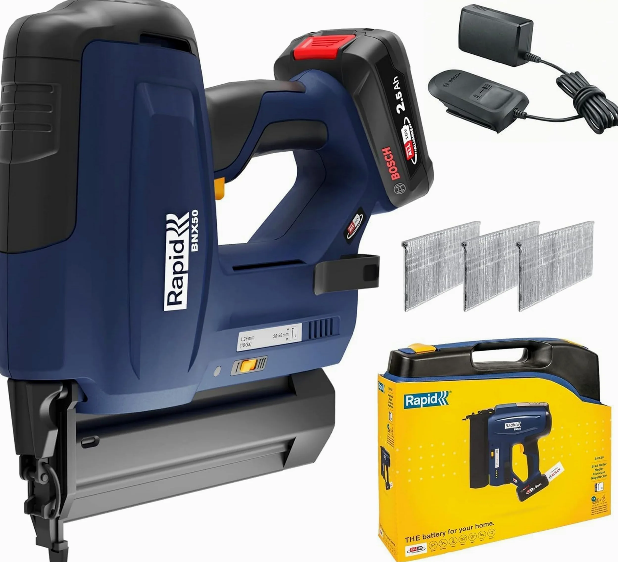 Rapid BNX50 18V Pistola Chiodatrice Alimentata a Batteria con Profondità di Infissione Regolabile, Sparo Singolo o per Contatto, Include Caricabatterie, Batteria 2,5 Ah e Valigetta (5001498)