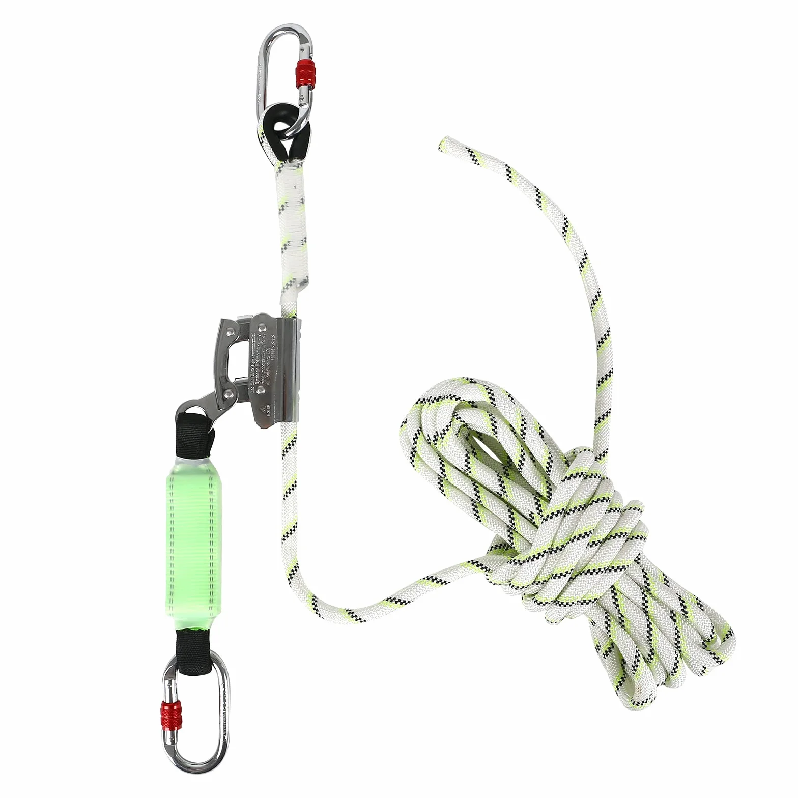 Dispositivo di sicurezza scorrevole su corda kernmantel da 13 mm, con 2 moschettoni da 25 KN, ammortizzatore a nastro, DPI, dispositivo di sicurezza in altezza (10 m)