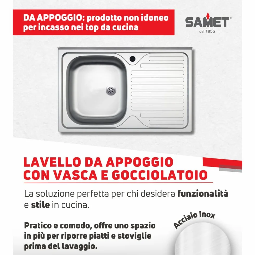 Lavello appoggio acciaio inox 80x50 cm una vasca e gocciolatoio destro SA216