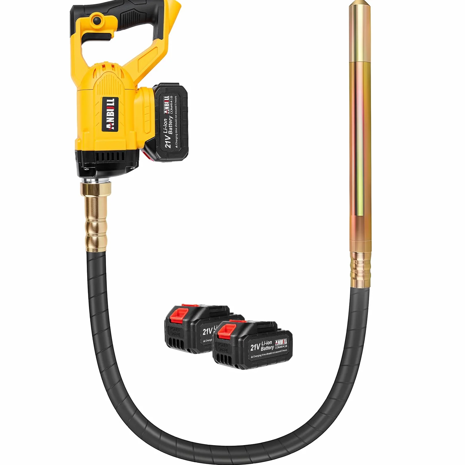 Anbull Vibratore per Calcestruzzo a batteria 2 m, 21V Vibratore per Cemento, 2 * 3000 mAh, Velocità di rotazione: 4800 giri/minuto, Ampiezza: 0,9 mm, Concrete Vibrator