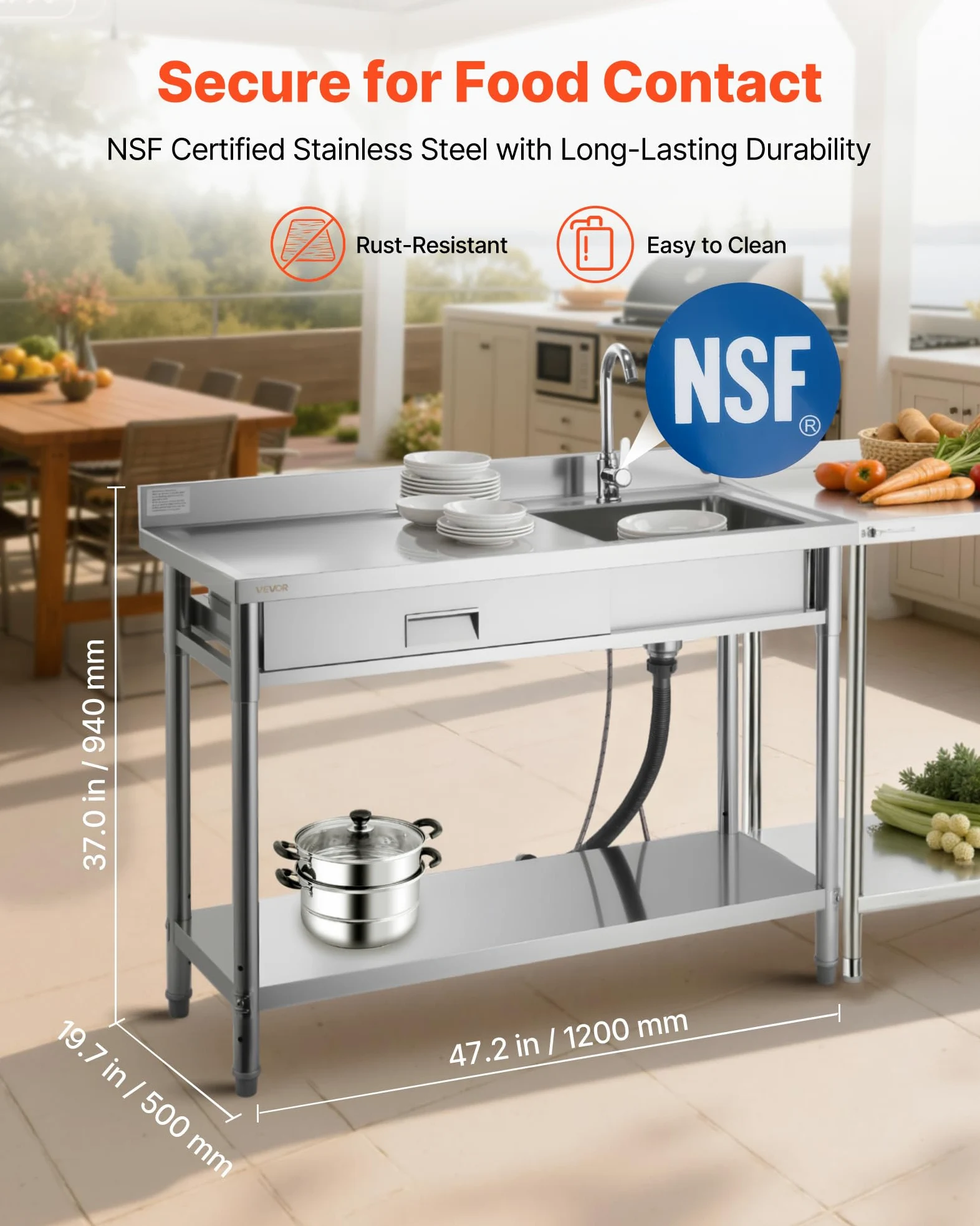 VEVOR Lavandino Mobile da Cucina 1200 x 500 x 940 mm, Vasca Singola con Rubinetto e Cassetto, Lavello da Cucina per Garage, Ristorante, Lavanderia, Lavabo da Esterno con Piano di Lavoro Sinistra