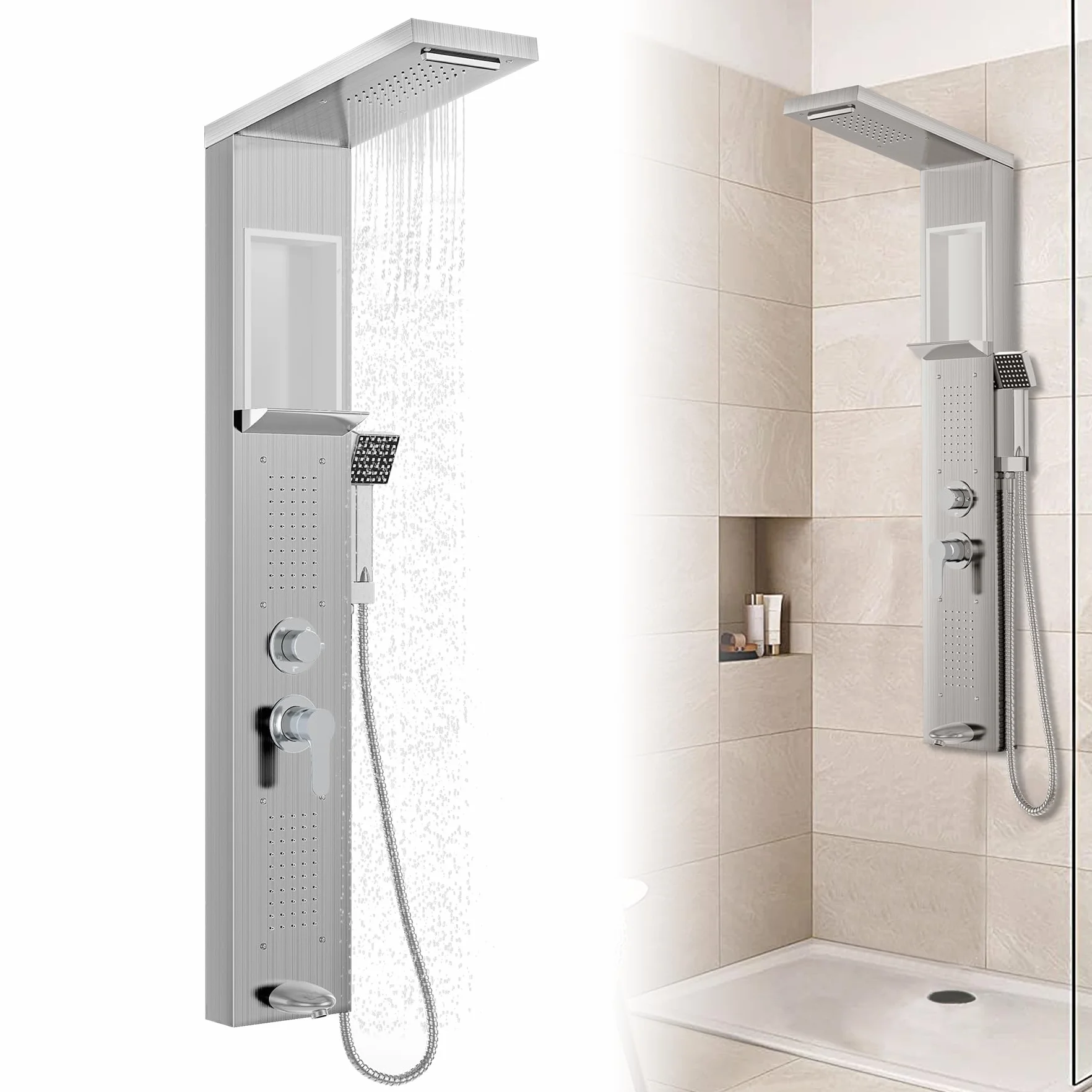 Froadp - Pannello doccia in acciaio inox, sistema doccia a parete con 5 funzioni: doccia a pioggia, con doccetta, doccia massaggiante, doccia a cascata, set doccia completo a colonna (argento)