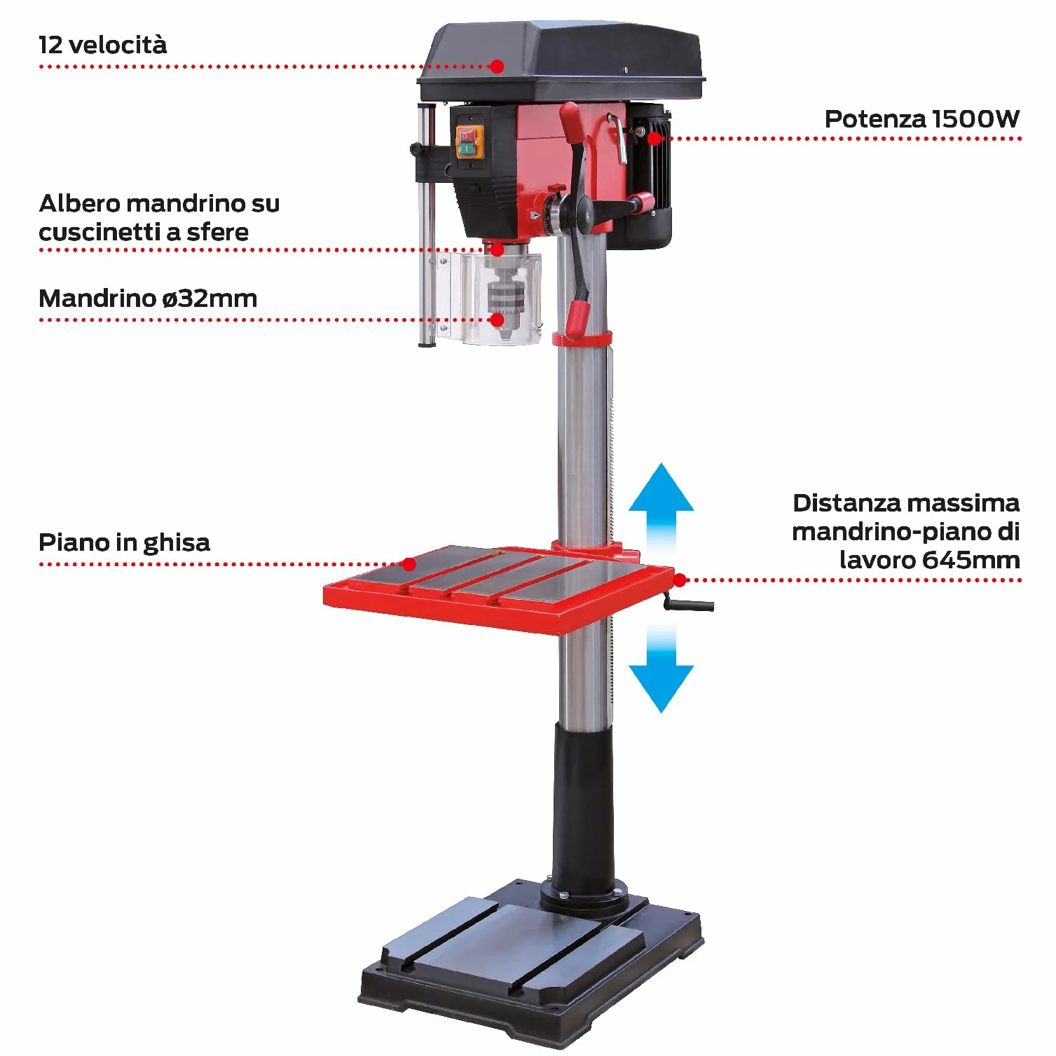 Valex TR32B Trapano a Colonna Elettrico, 1500W, 12 Velocità, Mandrino Ø32mm, h 1730mm