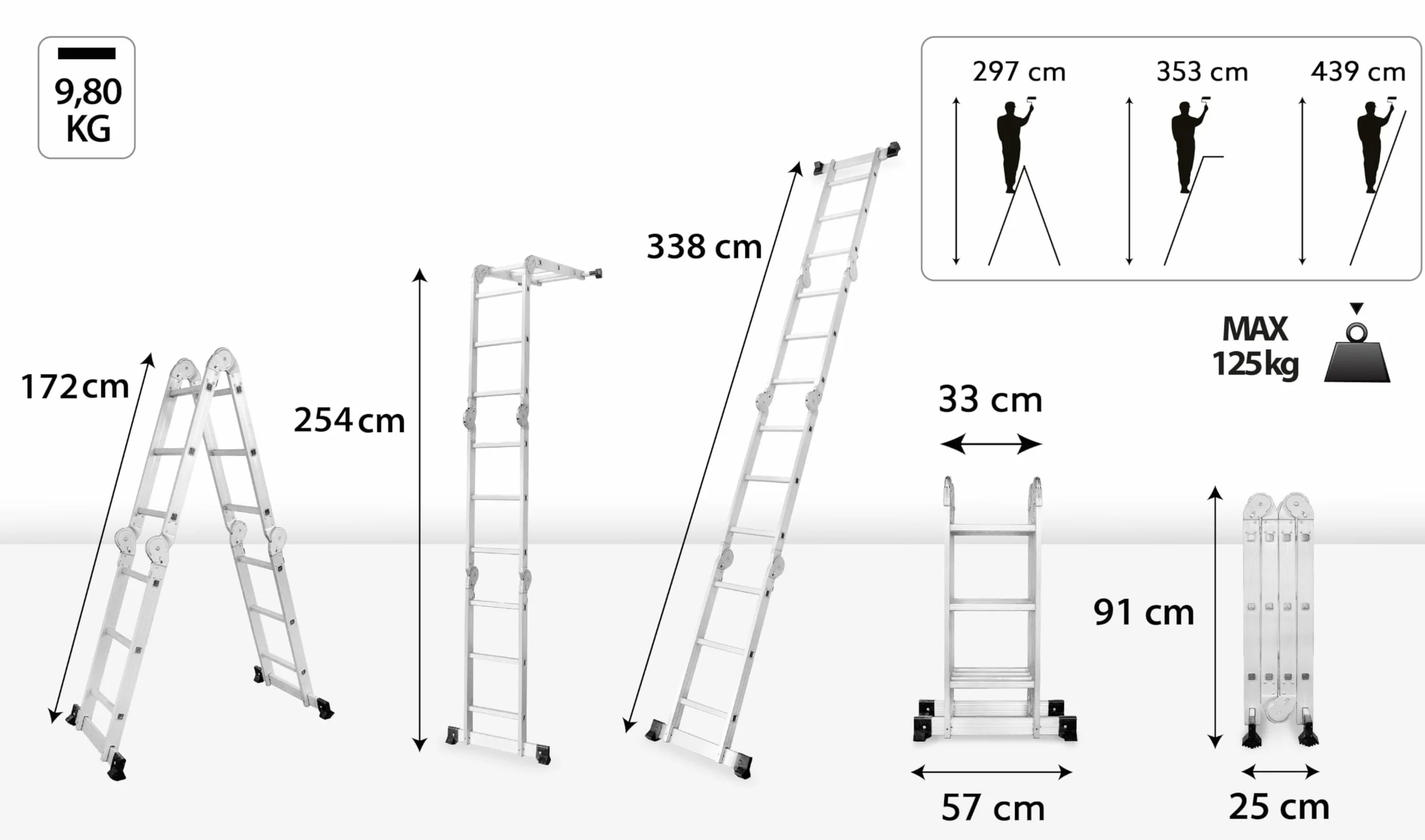 DRABEST Scala Articolata in Alluminio, Pieghevole, Multifunzionale 4x3 - Stabile e Multifunzionale - Carico Massimo 125kg - Alluminio - 0,33x0,98x0,25m