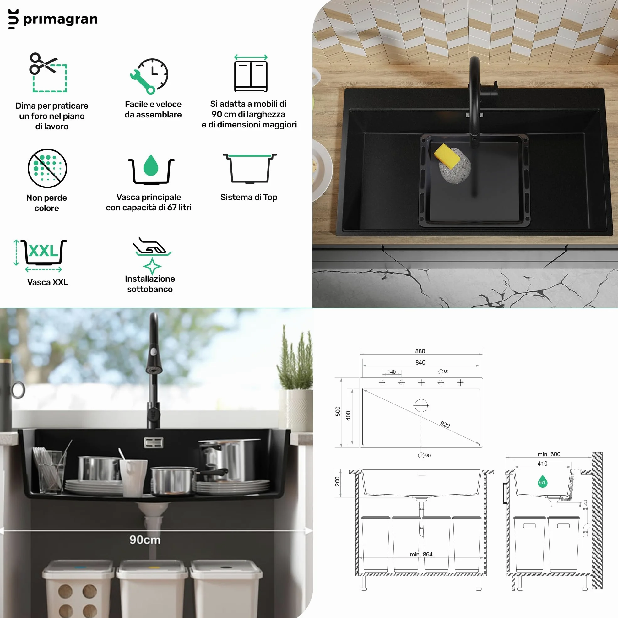 PRIMAGRAN Lavello Angolare Nero 88x50cm, Lavandino in Granito a 1 vasca + Sifone Classico + Tagliere, Lavabo da Cucina Incasso al Mobile 90cm - Oslo 90 Top S705