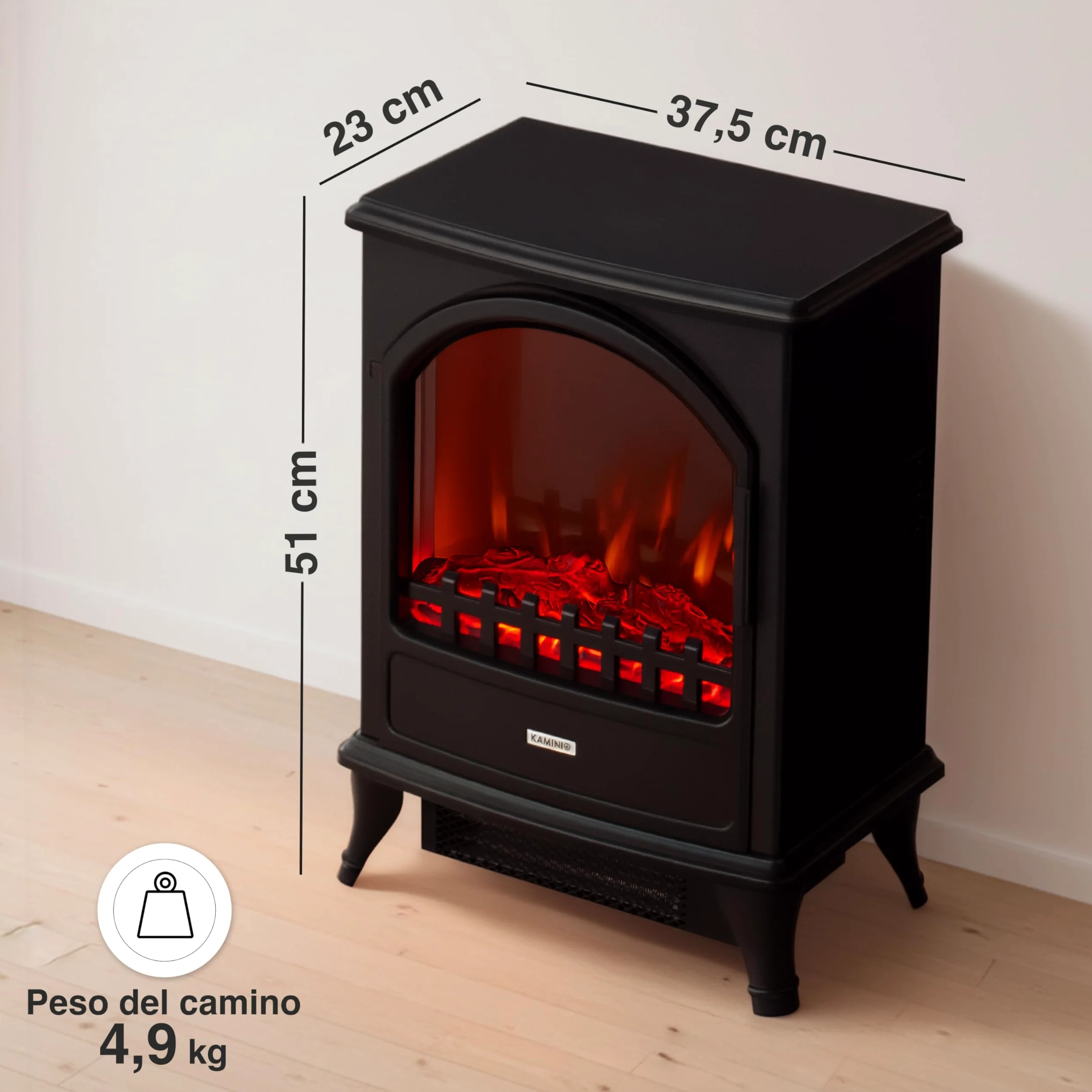KAMINIO Camino elettrico Leni - Stufa elettrica con riscaldamento, effetto fiamma 3D (Nero)