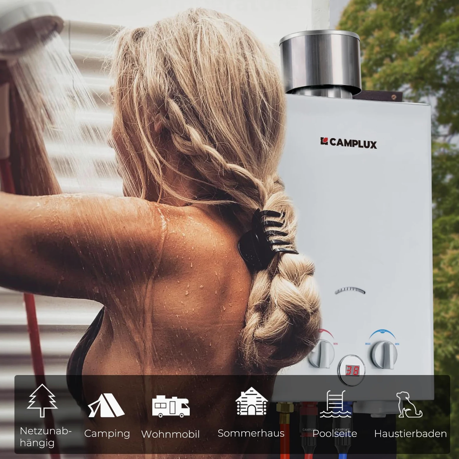 CAMPLUX BW158C Scaldacqua a Gas Tankless, 6 Litri, 12kW, Butano (28-30 mbar) / Propano (37 mbar), per Doccia da Campeggio