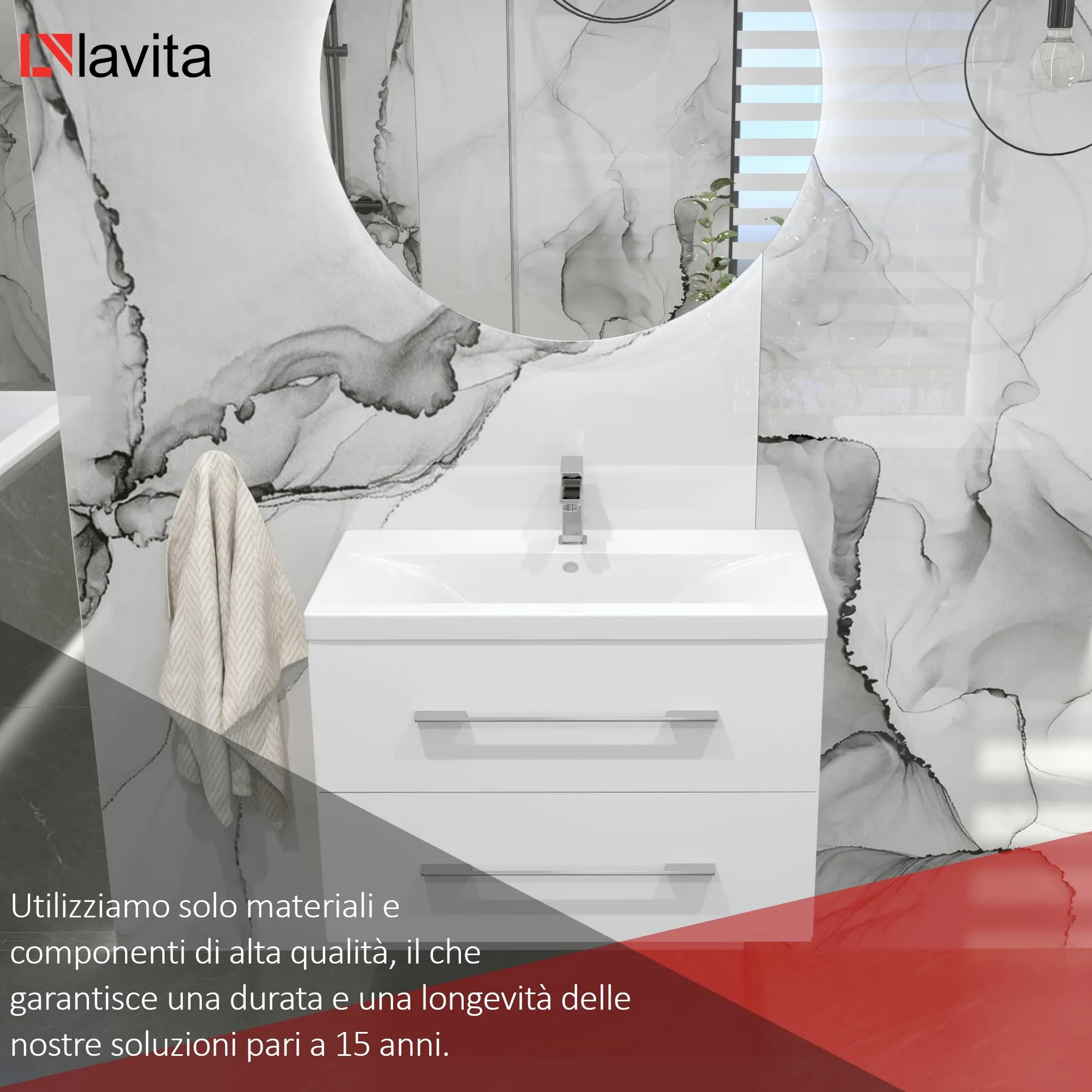 LAVITA Lavabo per mobili California 800 con troppopieno e foro per rubinetto, in porcellana di alta qualità, 81 x 39 x 17 cm, bianco lucido