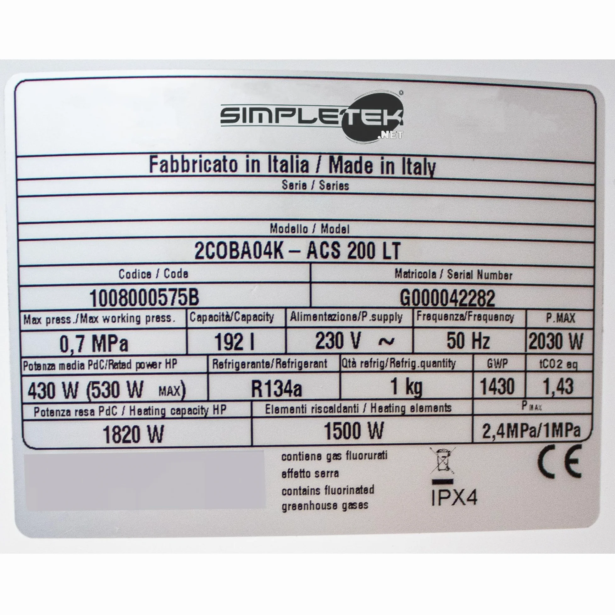 SIMPLETEK - Boiler 200 lt con Pompa di Calore Integrata Scaldacqua Elettrico per Pannelli Solari 1820W Ideale per Fotovoltaico Ecologico Domestico