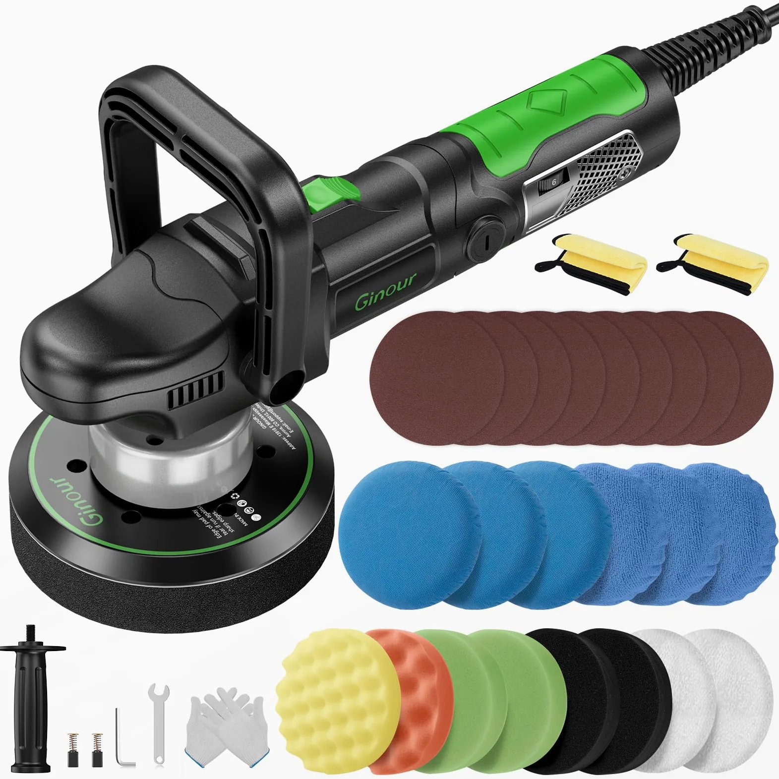 Ginour Lucidatrice Rotorbitale 1050W per auto, 6 velocità regolabili (2000-6400 OPM), lucidatrice auto con impugnatura a D e maniglia laterale, platorello da 150 mm / 6 pollici