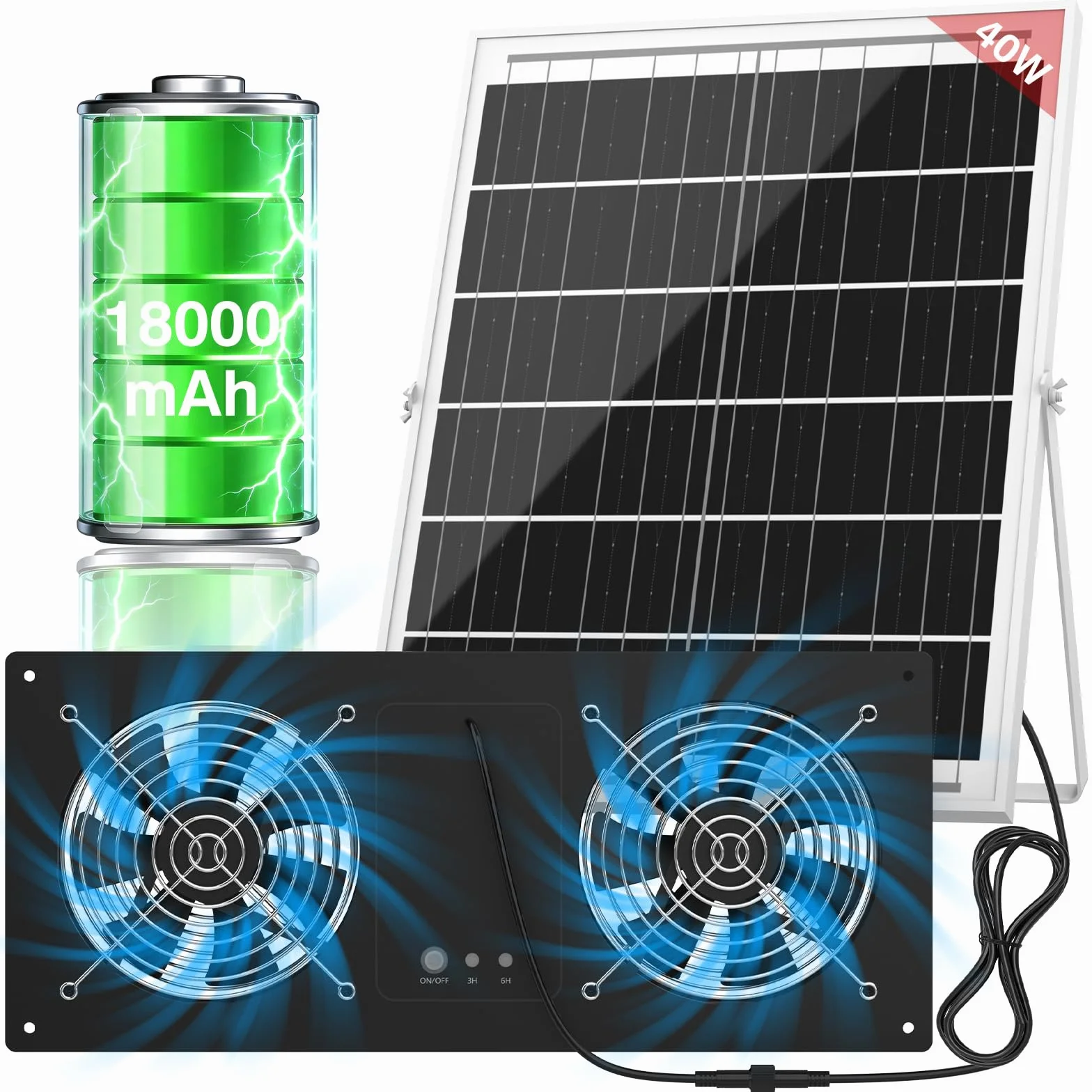 Ventilatore ad energia solare con batteria da 18000 mAh e timer, ventola di scarico solare ad alta velocità da 40 W, 3500 giri/min, ventilazione impermeabile a basso rumore per pollaio, serra