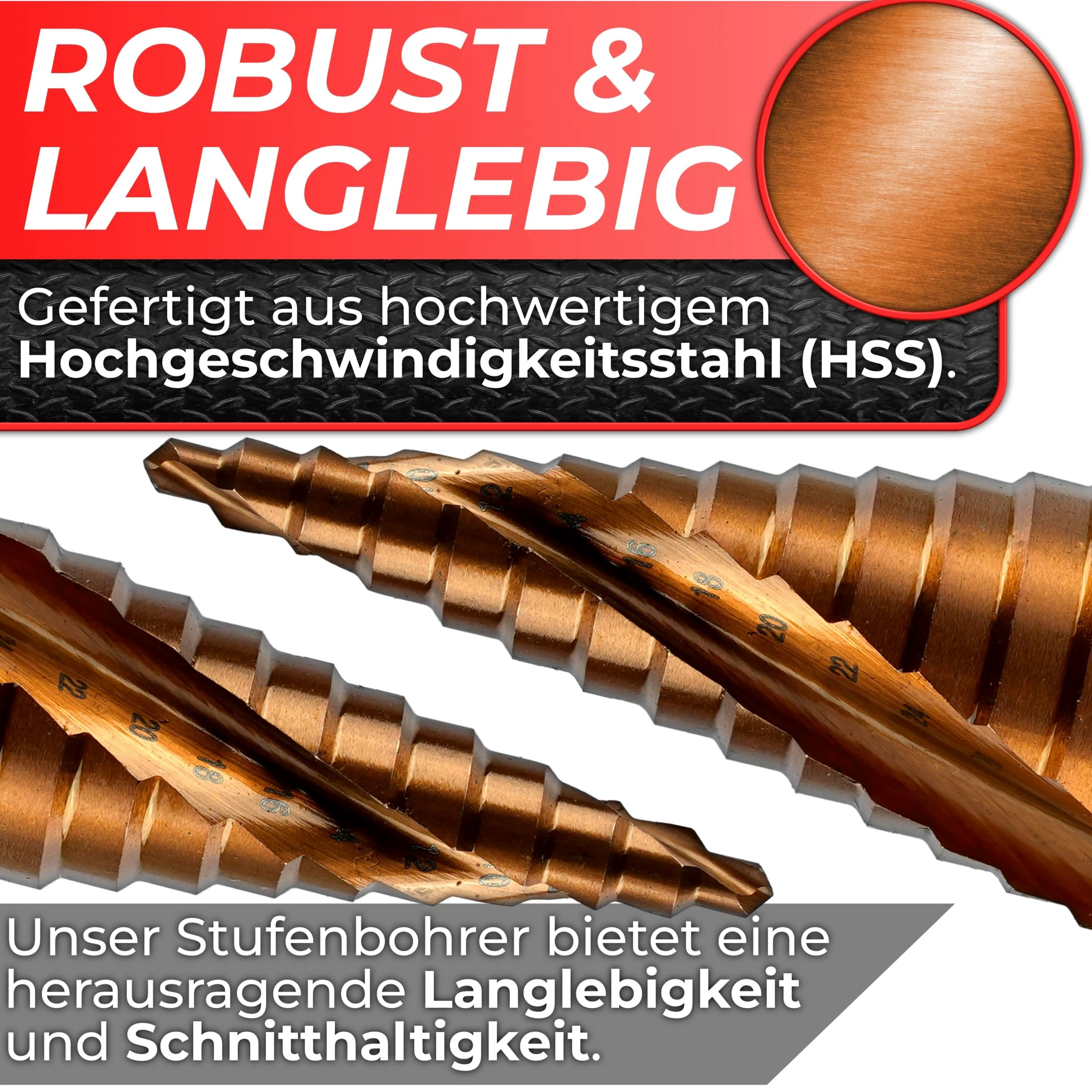 Woltersberger® Set di 3 punte a gradini HSS Powerline Spiral, punte coniche Ø 4 – 32 mm, 4 – 20 mm, 4 – 12 mm, per fori puliti, per pelapatate in metallo, alluminio e acciaio inox