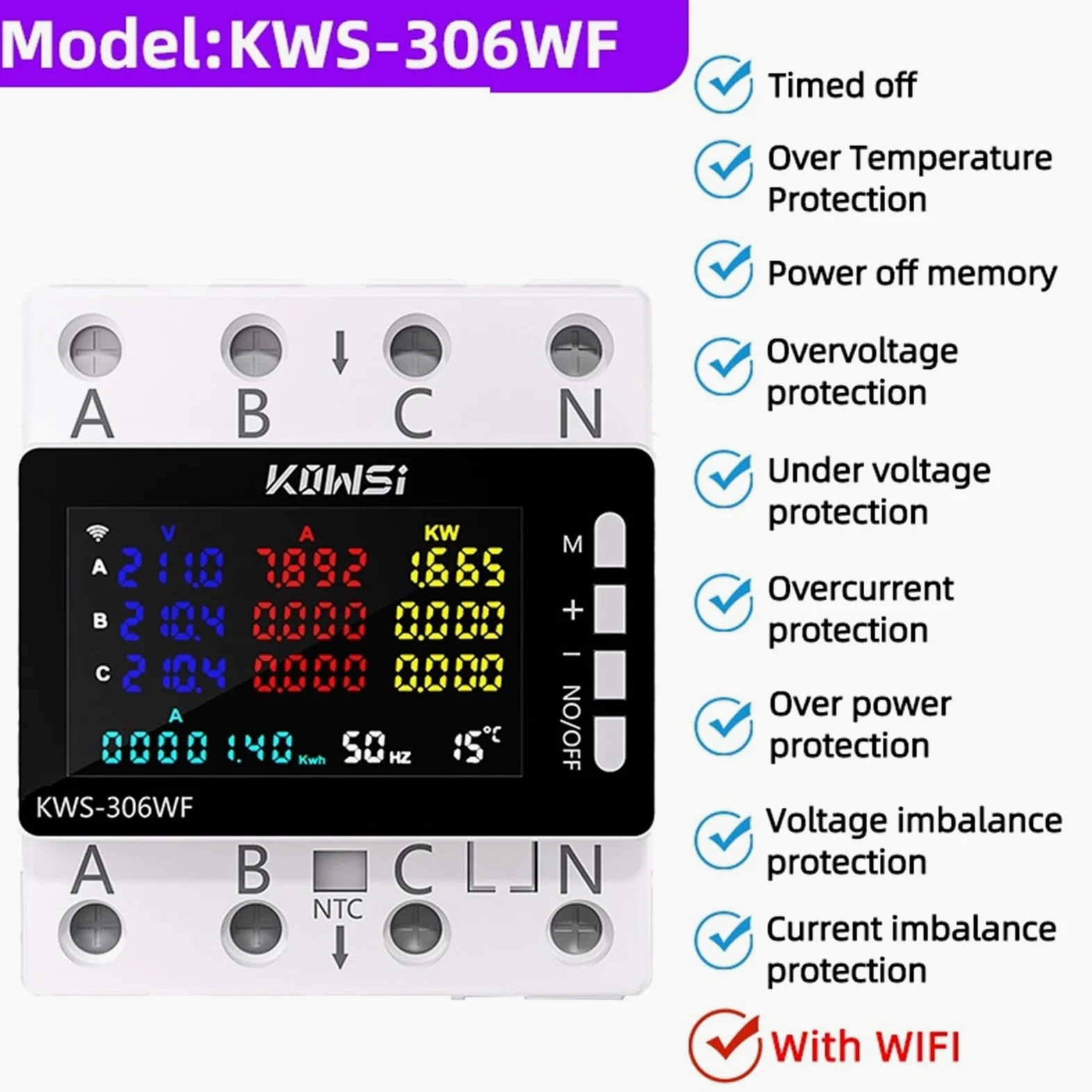 KWS-306 Contatori di wattora digitali Contatore elettrico Smart Life Contatore di energia trifase a quattro fili Contatore di energia Contatore di potenza CA(KWS-306WF with wifi)