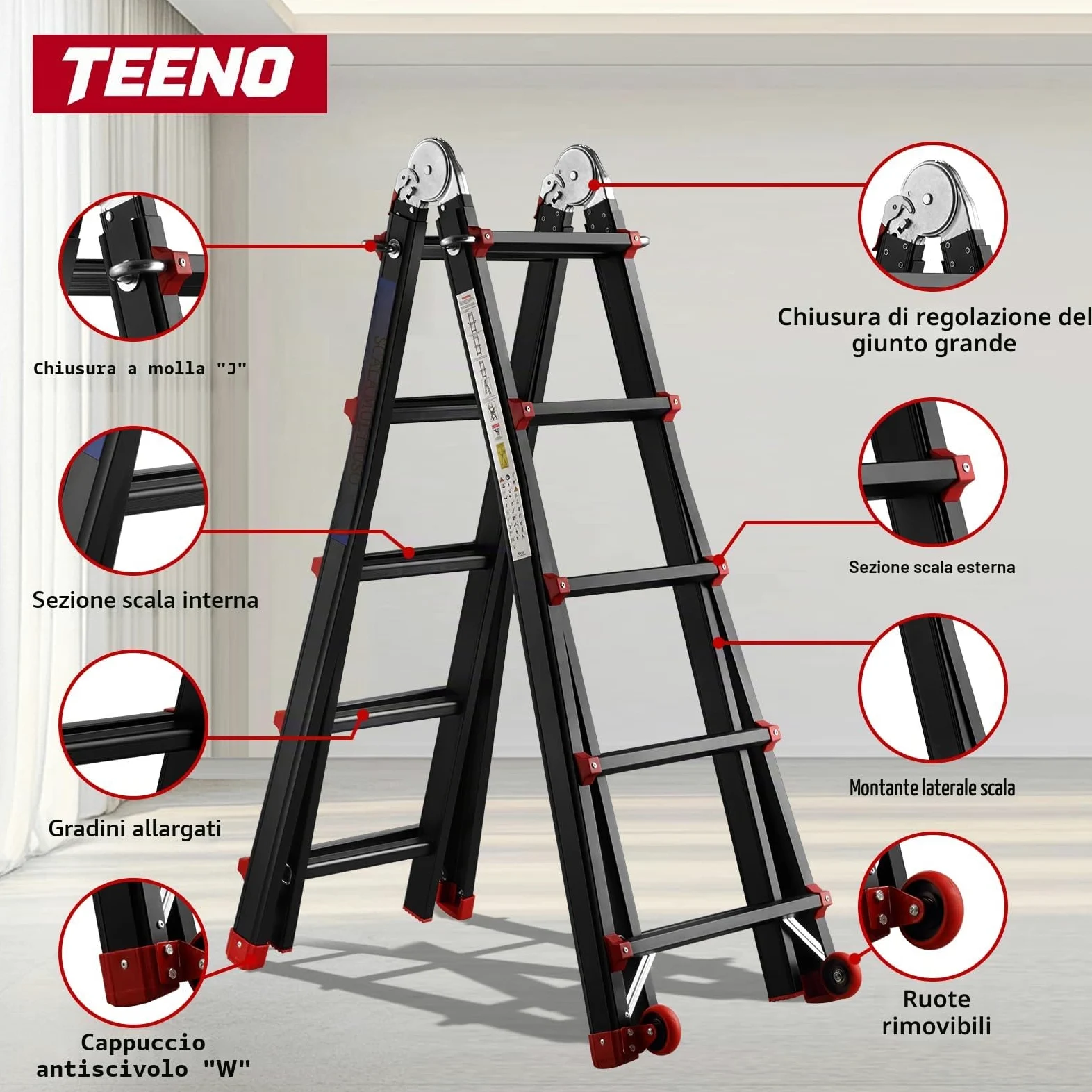 TEENO Scala Pieghevole Multifunzione 5,1 m, Scala telescopica con 2 Rimovibile Ruote e Base Rinforzata Triangolare, 5x5 Gradini, Carico 150KG, Nero