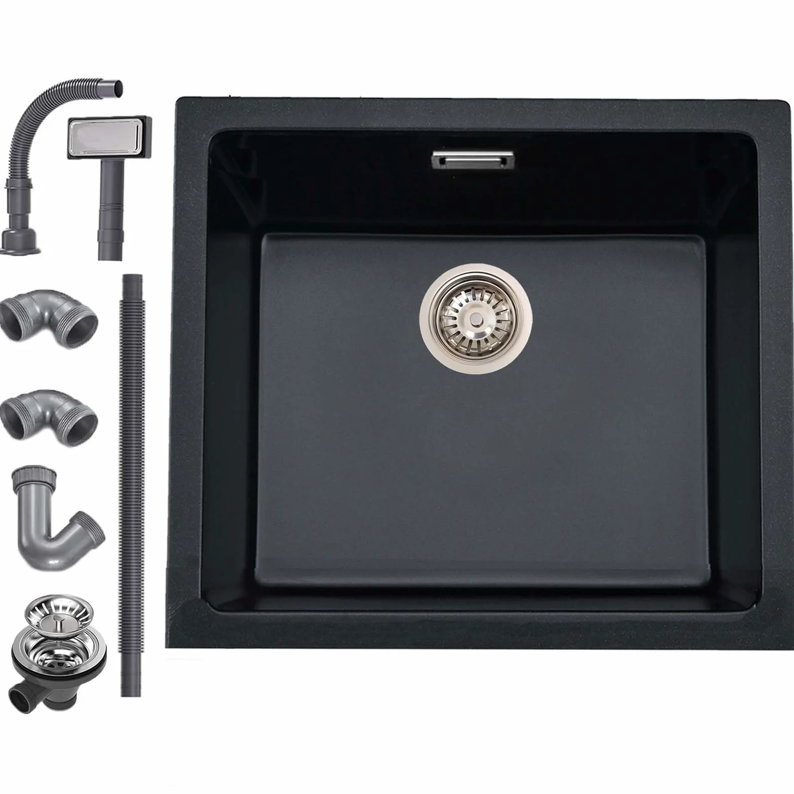 Lavello da Cucina 45 x 45 cm, Lavandino Cucina in Granito, iAnomla Nero Vasca Singola da incasso adatto per mobili sottolavello da 45 cm di larghezza, Lavabo Cucina Nero con Sifone, Moderno