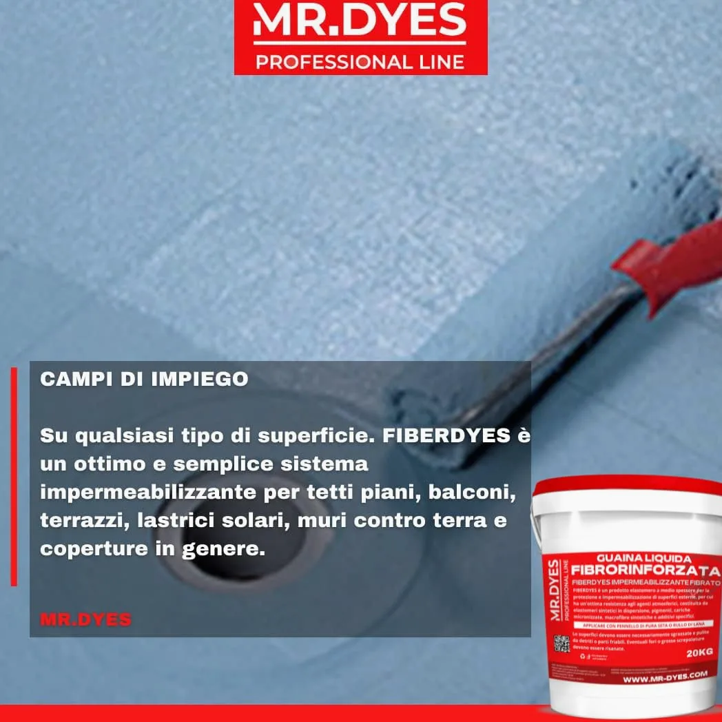 FIBERDYES Guaina Liquida Fibrorinforzata Impermeabilizzante Monocomponente, Gomma Liquida, Membrana Impermeabilizzante, Vari Colori, Formati 1 Kg, 6 Kg, 20 Kg. (20 KG, GRIGIO)