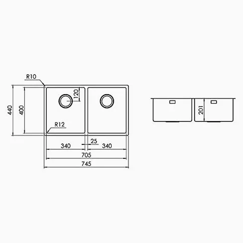 Lavello cucina Plados SL7420 in acciaio inox satinato a due vasche per installazione Sottotop