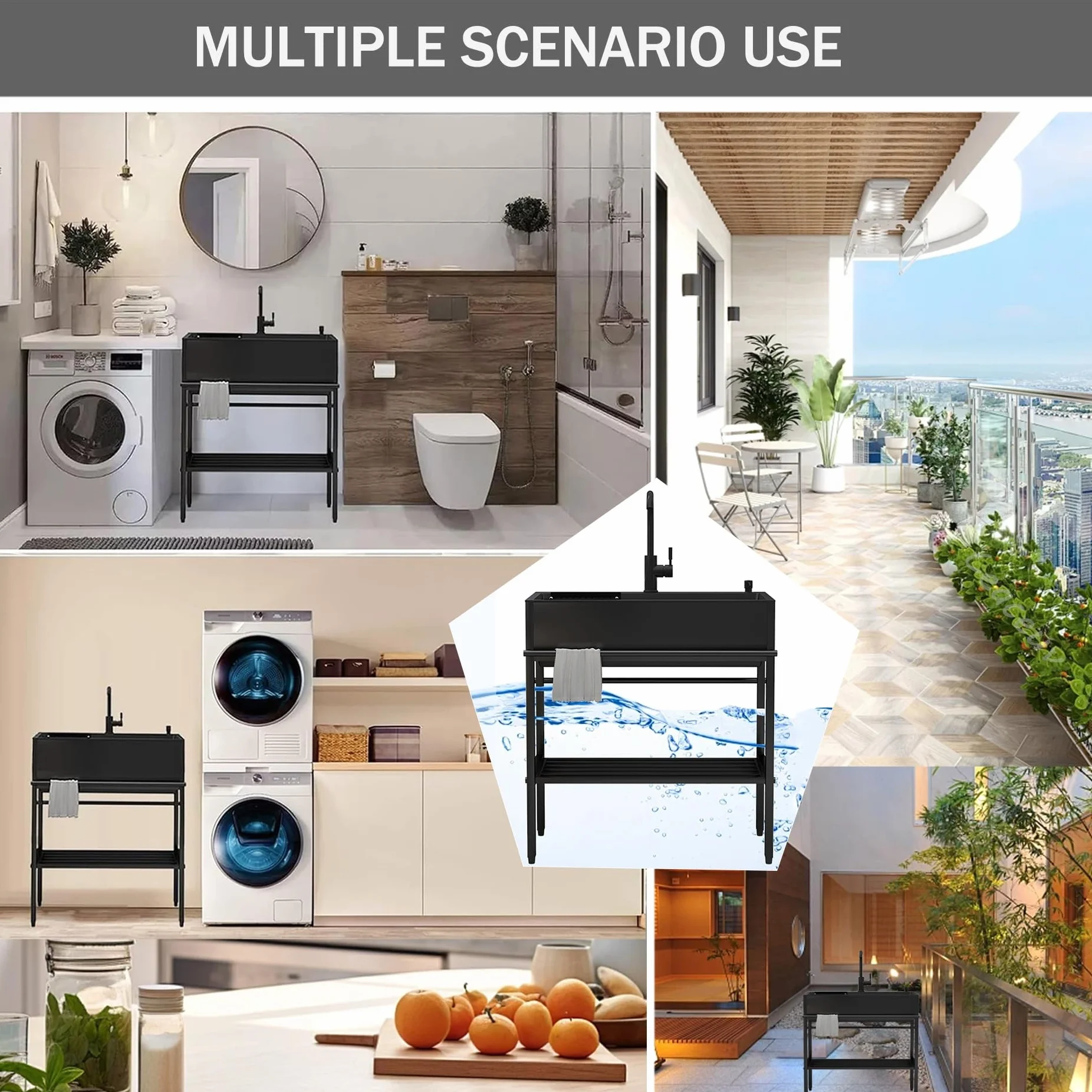 Lavello Cucina con Mobile,Lavandino da Esterno con Rubinetto,Lavabo Lavanderia in Acciaio Inox Professionale 1 Vasca,Lavatoio Nero Multifunzione,Lavelli Bagno Autoportante,per Interno(60x45x86cm)