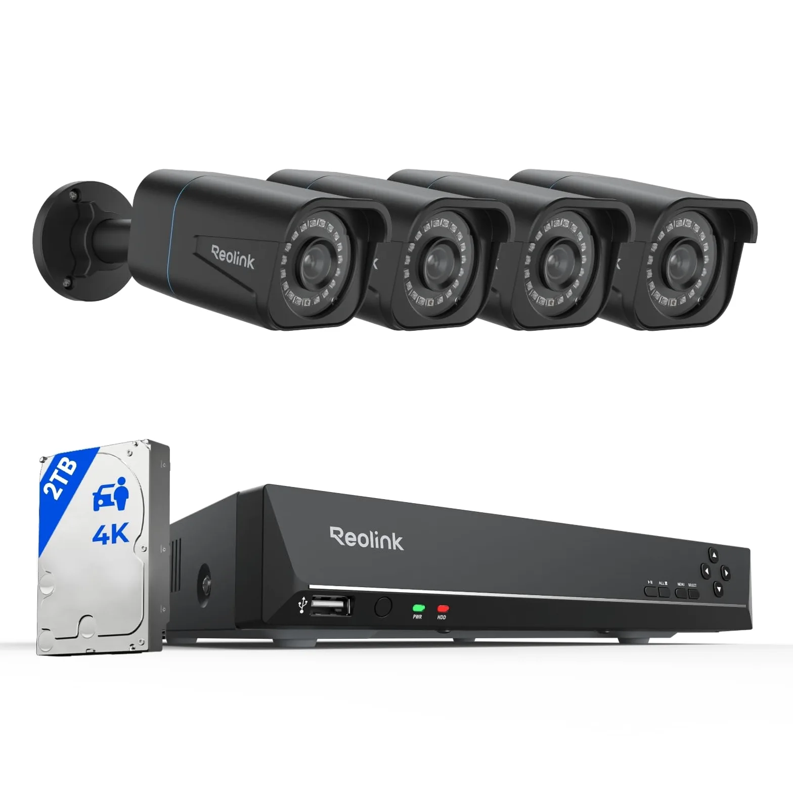 Reolink 4K PoE Kit Videosorveglianza Esterno, Rilevamento di Uomo/Veicolo, NVR 8CH 2TB + 4x Telecamere da Esterno, Visione Notturna Infrarossa, Espandibile a 16TB, Impermeabile IP67, RLK8-800B4 (Nero)