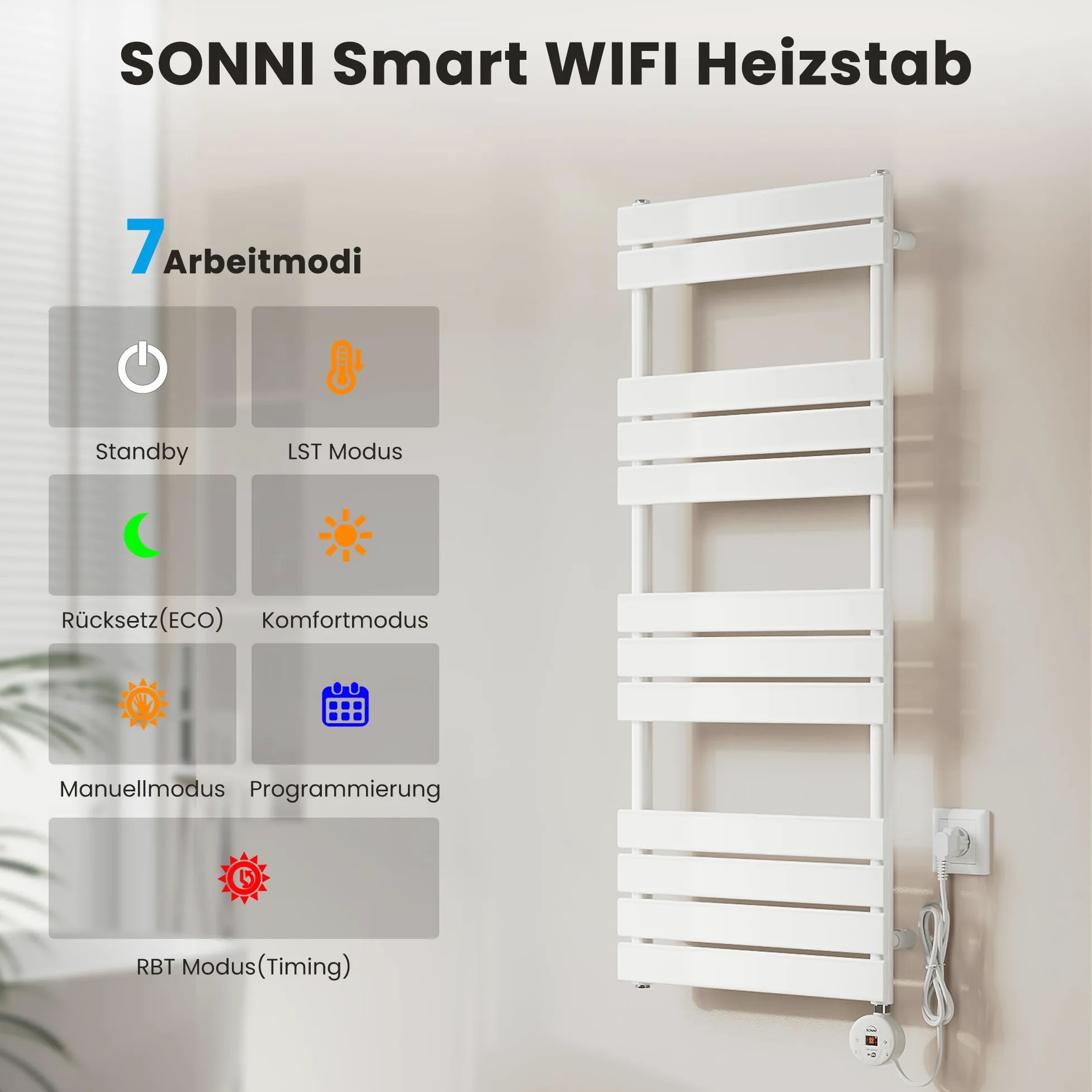 SONNI Scaldasalviette elettrico da bagno, 1000 x 500 mm, bianco, con barra riscaldante WiFi, 600 Watt, piatto, scaldasalviette elettrico, con elemento riscaldante intelligente per radiatori da bagno