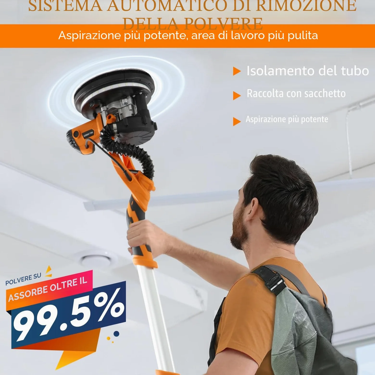 Ponceuse Girafe, 1250W Ponceuse Mur et Plafond, 5 Vitesses Variables 800-1800RPM avec poignée télescopique avec bande lumineuse LED et sac de collecte de poussière par aspiration
