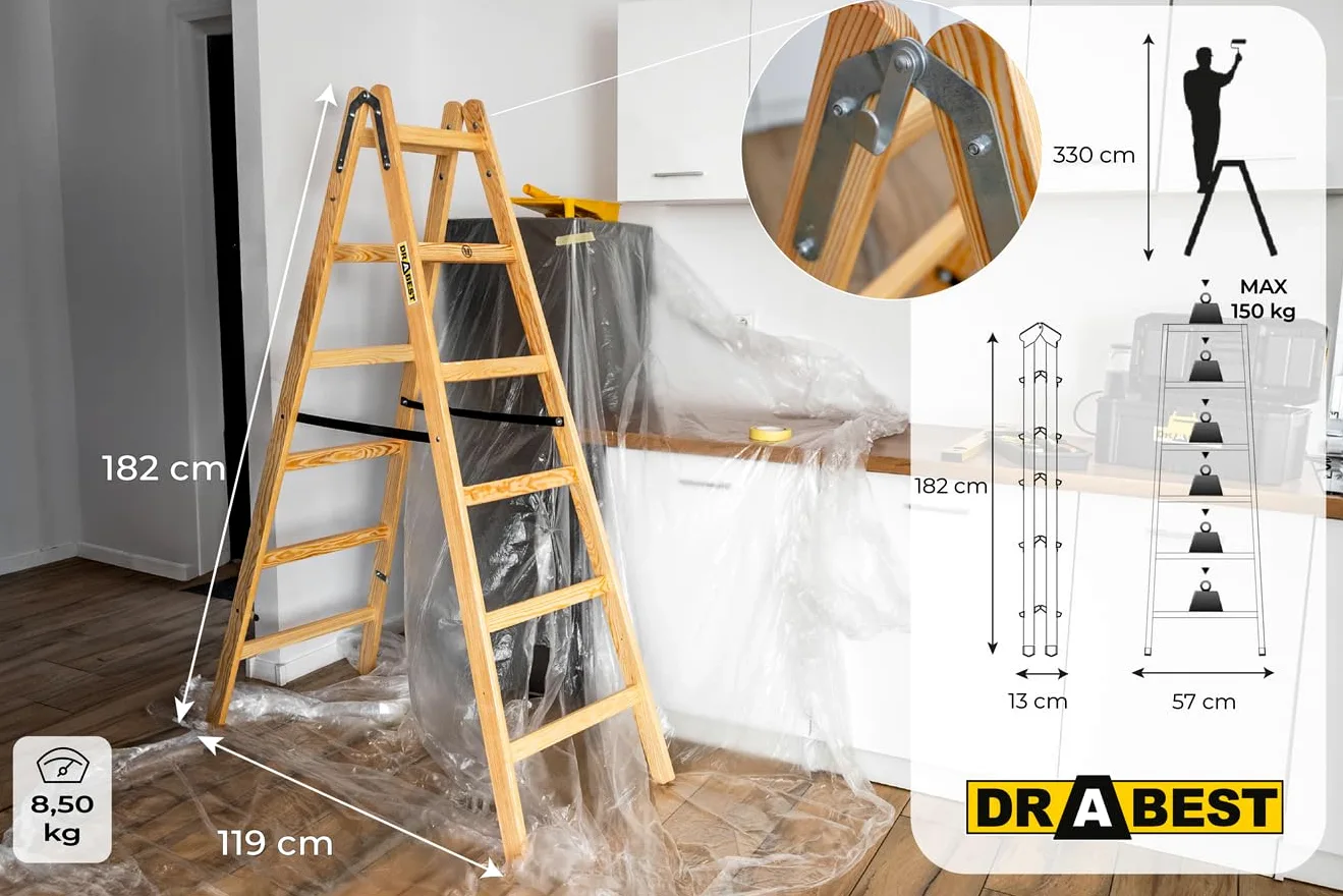 DRABEST - Scaletta pieghevole in legno per lavori di pittura 2x6 pioli m lunghezza calpestabile su entrambi i lati fino a 150 kg altezza di lavoro 1,82 m 3,3 m