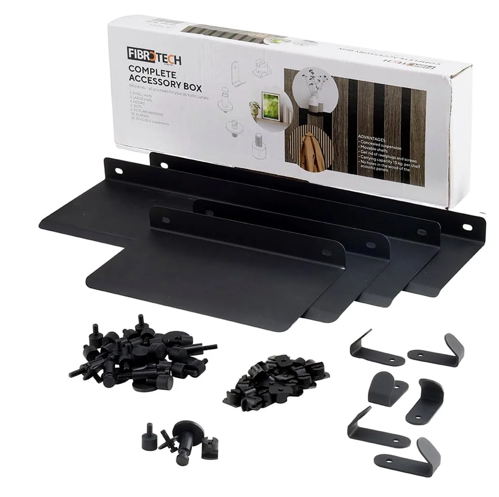 FIBROTECH 2432406 - Scatola accessori per pannelli acustici (nero, lunghezza 37 x larghezza 13 x altezza 5 cm, 68 pezzi, accessori pannelli acustici, suono della stanza, rivestimento delle pareti