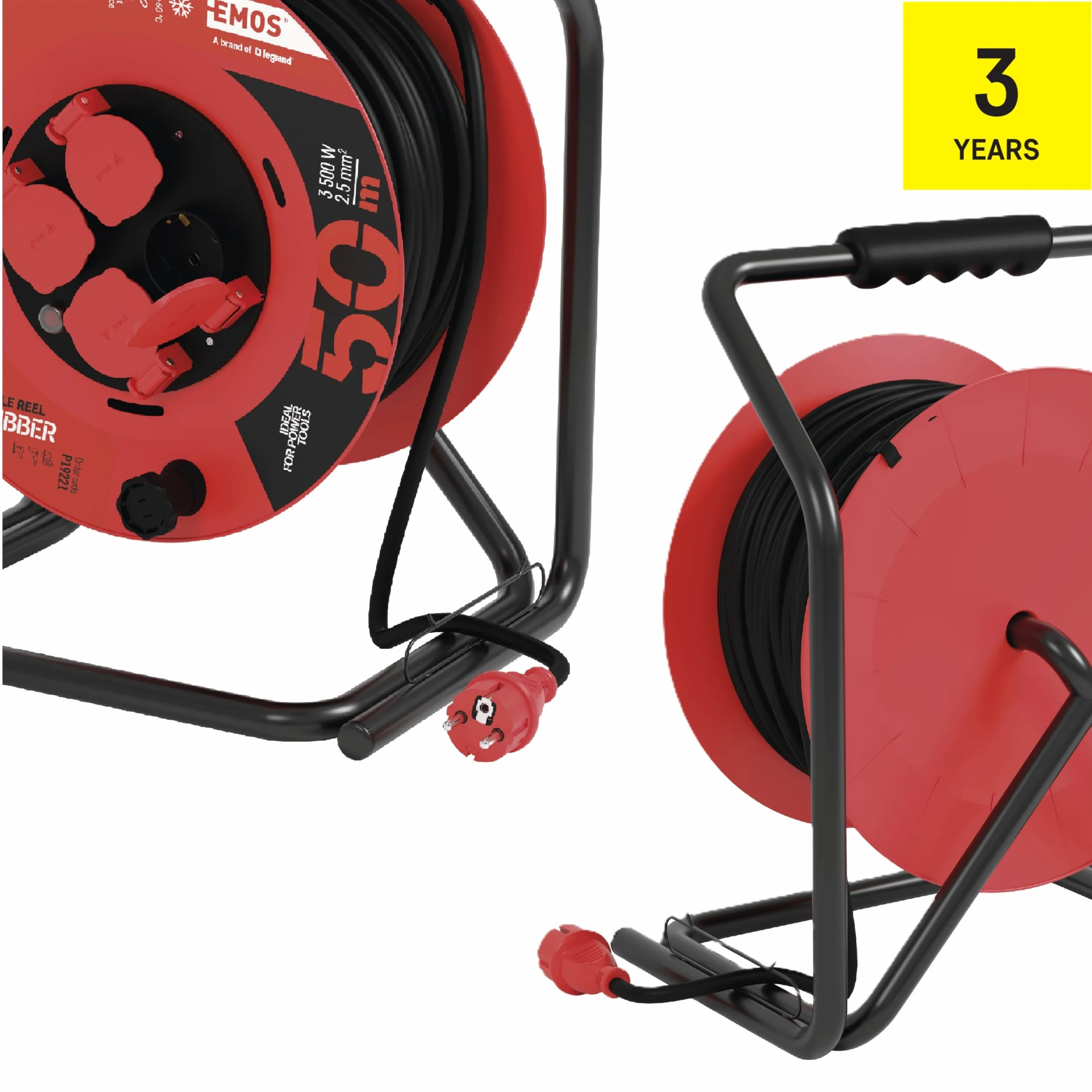 EMOS - Avvolgicavo da 50 m - 4 prese Schuko - impermeabile, resistente agli urti, resistente alle temperature - 230 V, 15 A, 3500 W - Isolamento in gomma - H05RR-F 2,5 mm2 - IP44 per esterni