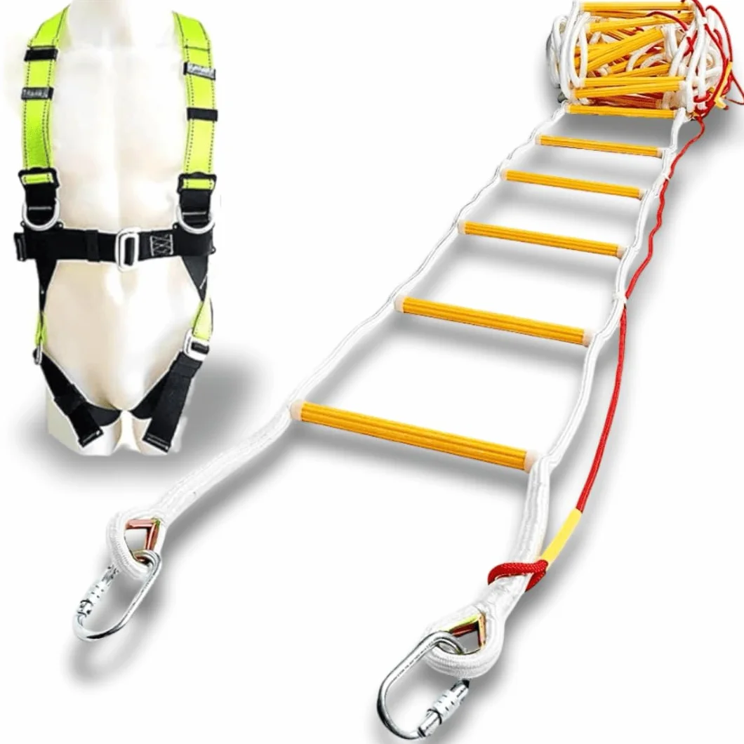 Scala di corda di evacuazione di emergenza 3-4 piani Case 10 m Scala di sicurezza unica ignifuga con moschetti, cordino di sicurezza e imbracatura di sicurezza completa