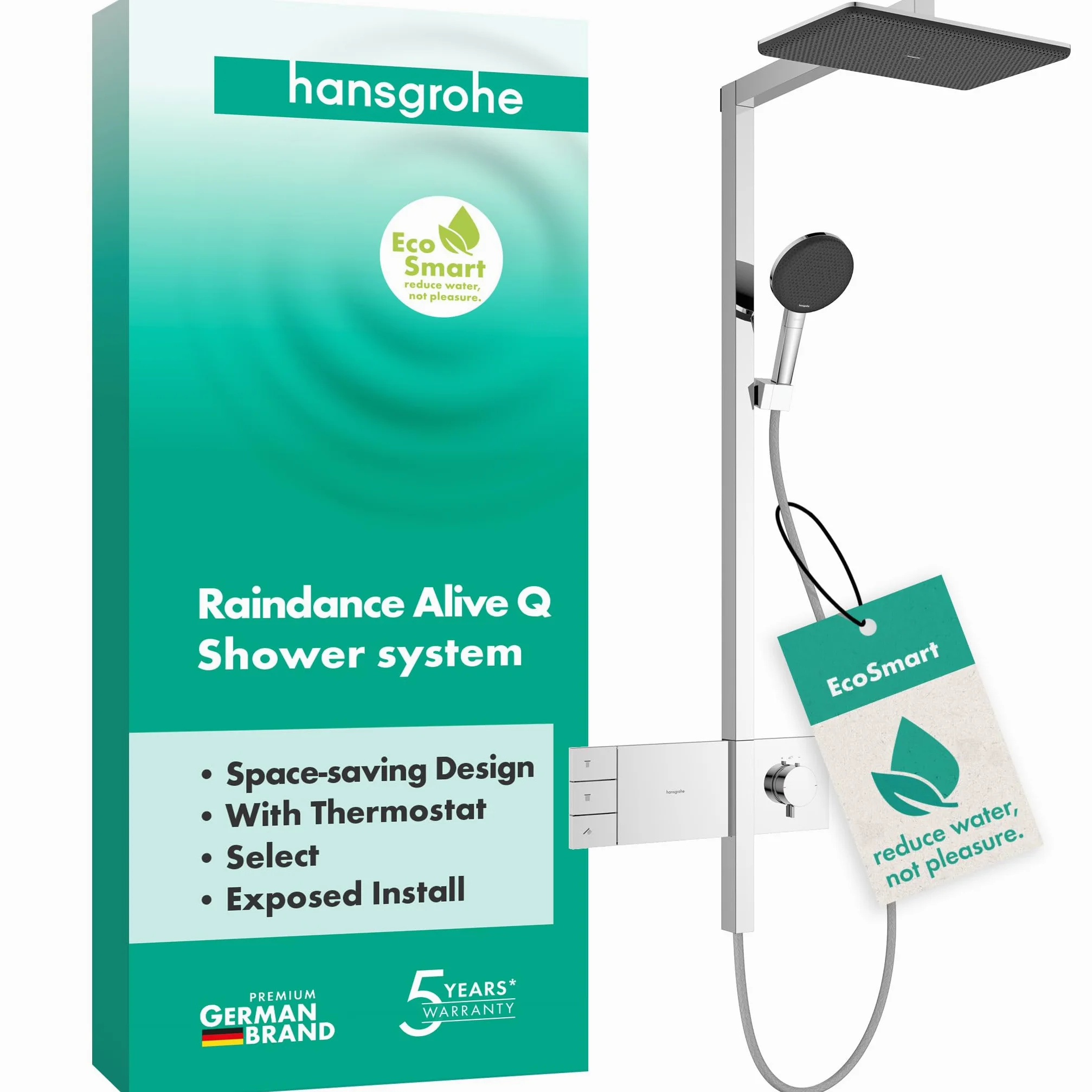 hansgrohe Raindance Alive Q - Colonna doccia a risparmio idrico (EcoSmart) con miscelatore termostatico, Sistema doccia con rubinetto, doccetta, tubo, asta e soffione doccia (2 getti), cromo, 24591000
