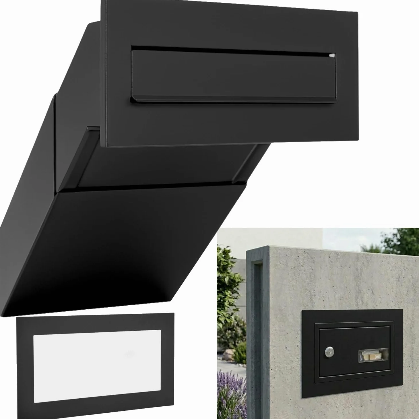 Cassetta delle lettere nera opaca RAL 9017 con telaio, cassetta delle lettere da incasso XXL, spessore della parete 260 – 420 mm, resistente alle intemperie, pannello frontale 305 x 135 mm, in lamiera