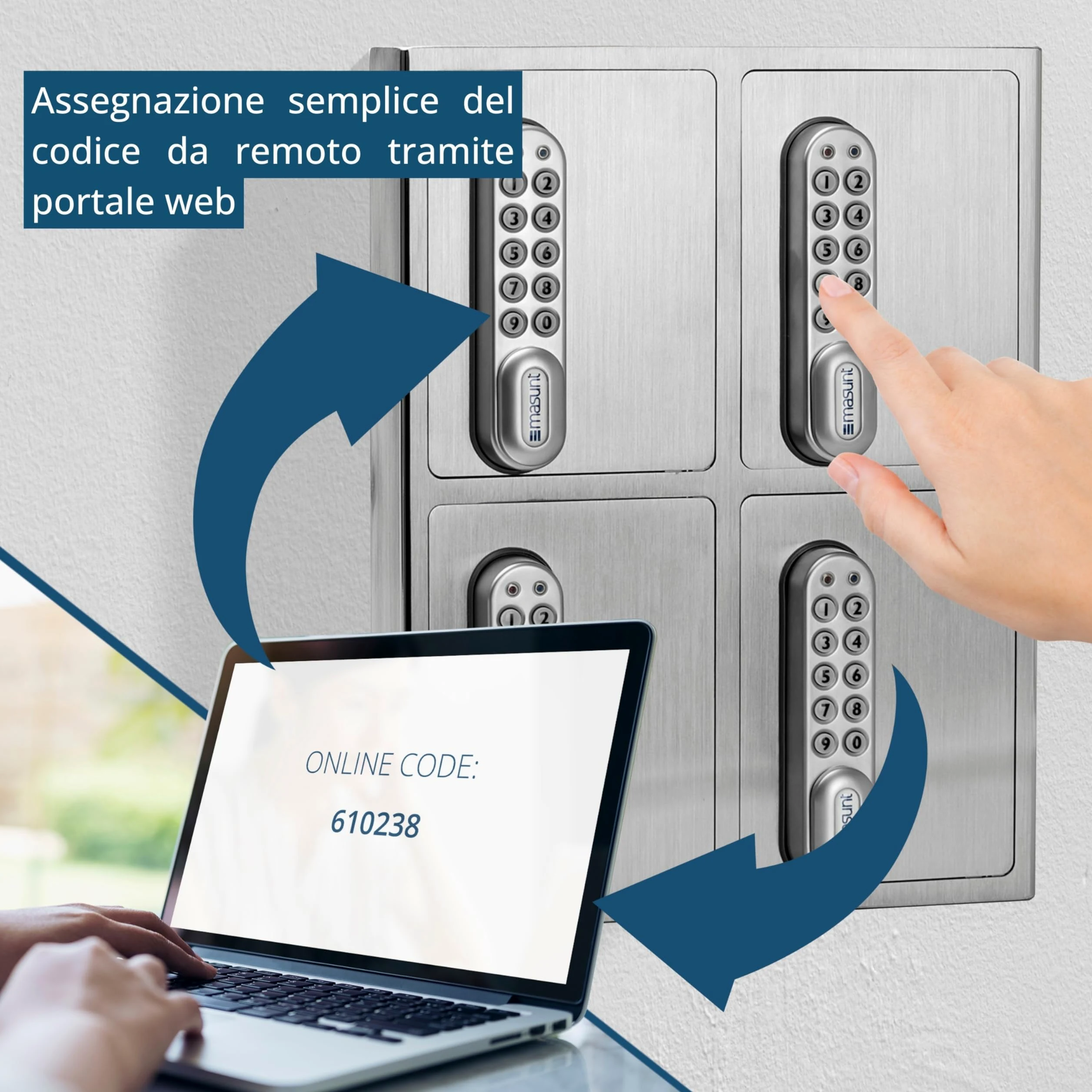 masunt cassaforte per chiavi 1420 E Code | Innovativa assegnazione online del codice a distanza | cassaforte elettronica per chiavi in acciaio inox V2A massiccio | 4 scomparti | antieffrazione