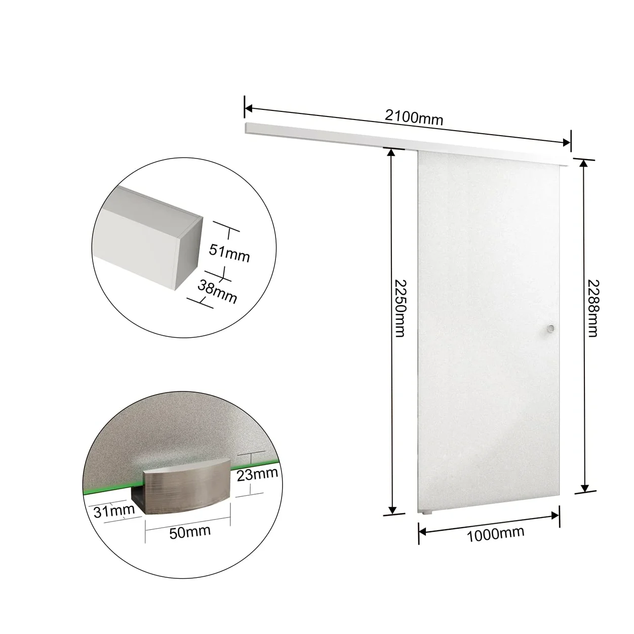 100x225 cm Porta Scorrevole in Vetro da 8 mm Temperato Opaco con Pellicola Anti-frantumi con Binario in Alluminio Bianco Verniciato