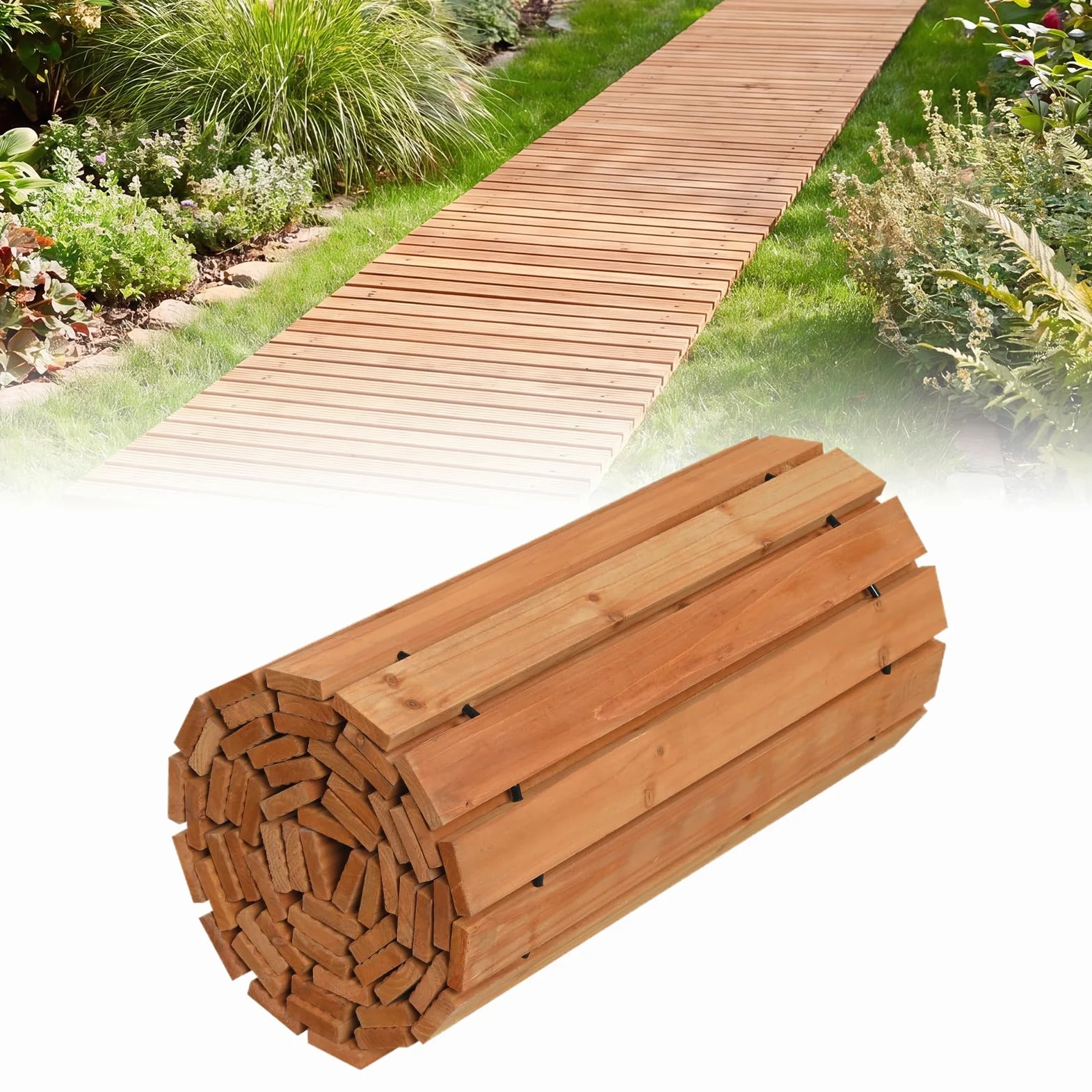 COSTWAY Sentiero da Giardino in Legno, Passerella Decorativa da Esterno, Superficie Antiscivolo, Collegamento con Fili Metallici, Sentiero Arrotolabile per Cortile e Spiaggia, 367 x 55 cm (Naturale)