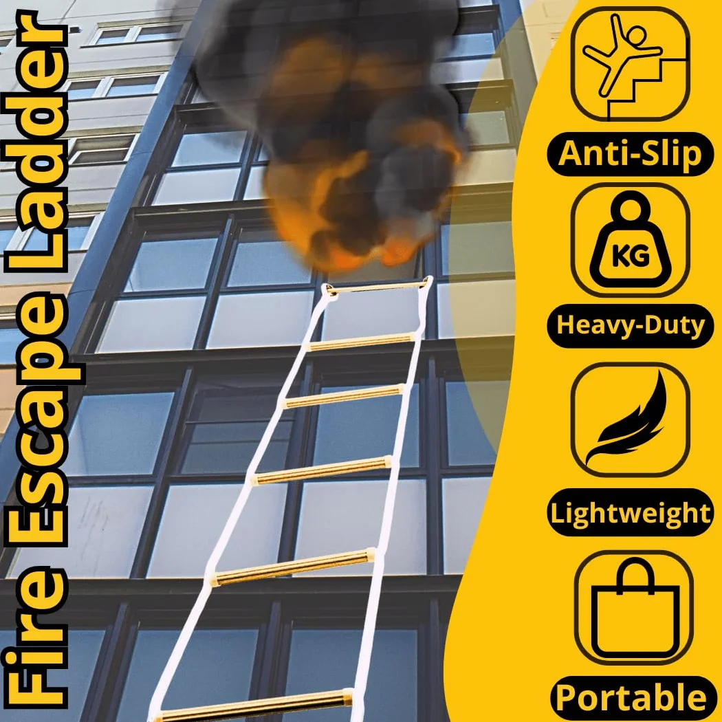 ISOP Scala di emergenza antincendio 4 piani 10 m | Scala in corda resistente alla fiamma con moschettoni | Cavo di sicurezza e cintura di sicurezza | Riutilizzabile