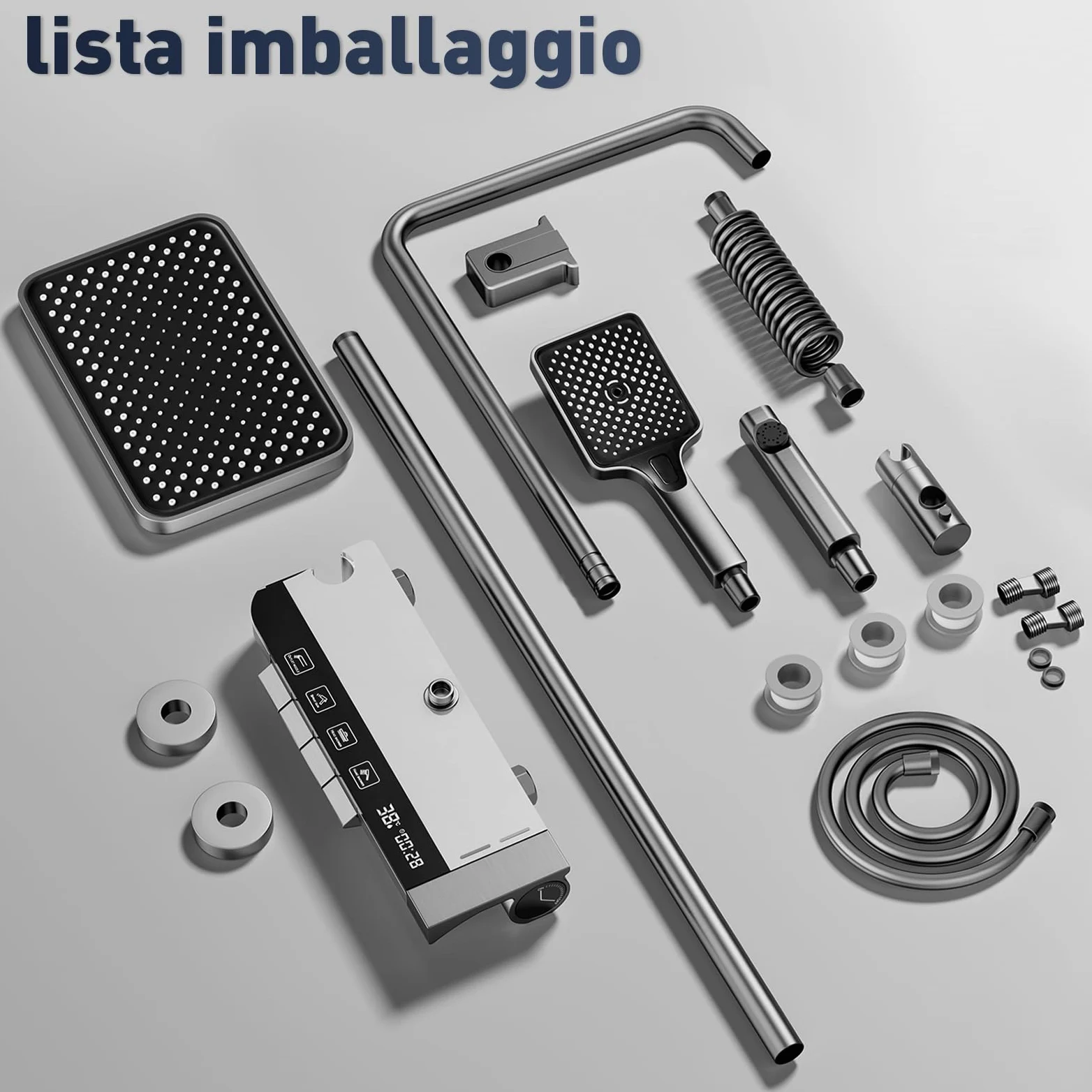 Sistema Doccia con Termostat con display digitale a LED, soffione doccia XL a pioggia, doccetta, getto ausiliario e rubinetto a cascata – Acciaio inossidabile – Colonna Doccia Regolabile